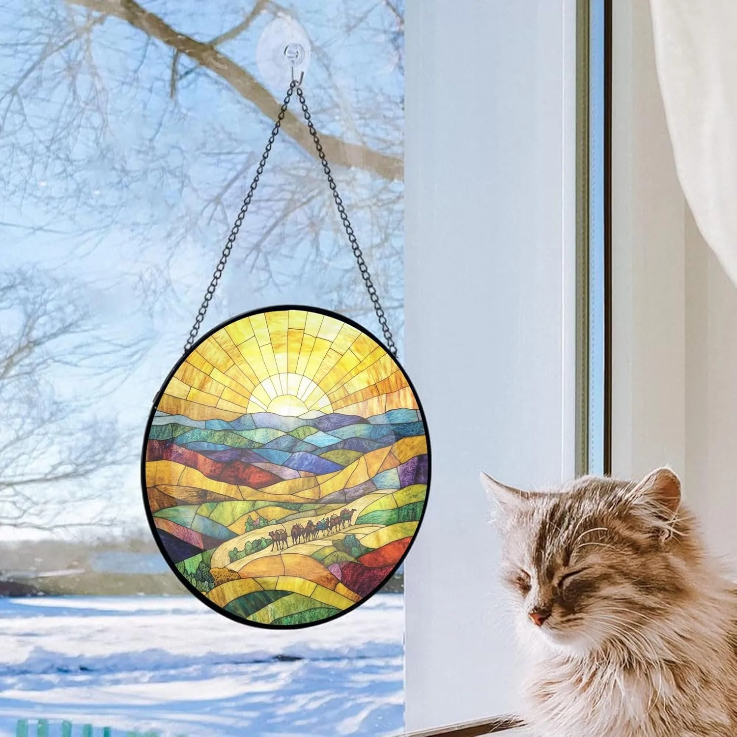 Camel Caravan Crossing The Desert Decor Suncatcher Stained Glass Window Hanging- Custom Suncatcher 2025, Wooden Ornament, Christmas Hanging Decor, Suncatcher for Christmas Tree. fmBcGi
