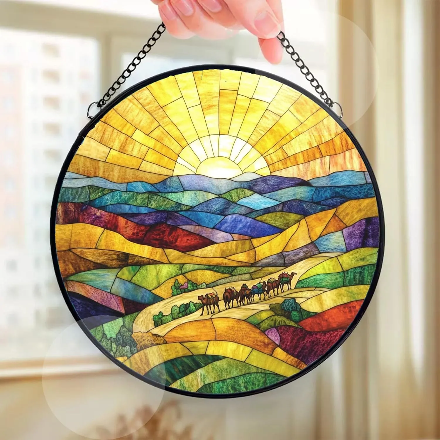 Camel Caravan Crossing The Desert Decor Suncatcher Stained Glass Window Hanging- Custom Suncatcher 2025, Wooden Ornament, Christmas Hanging Decor, Suncatcher for Christmas Tree. fmBcGi