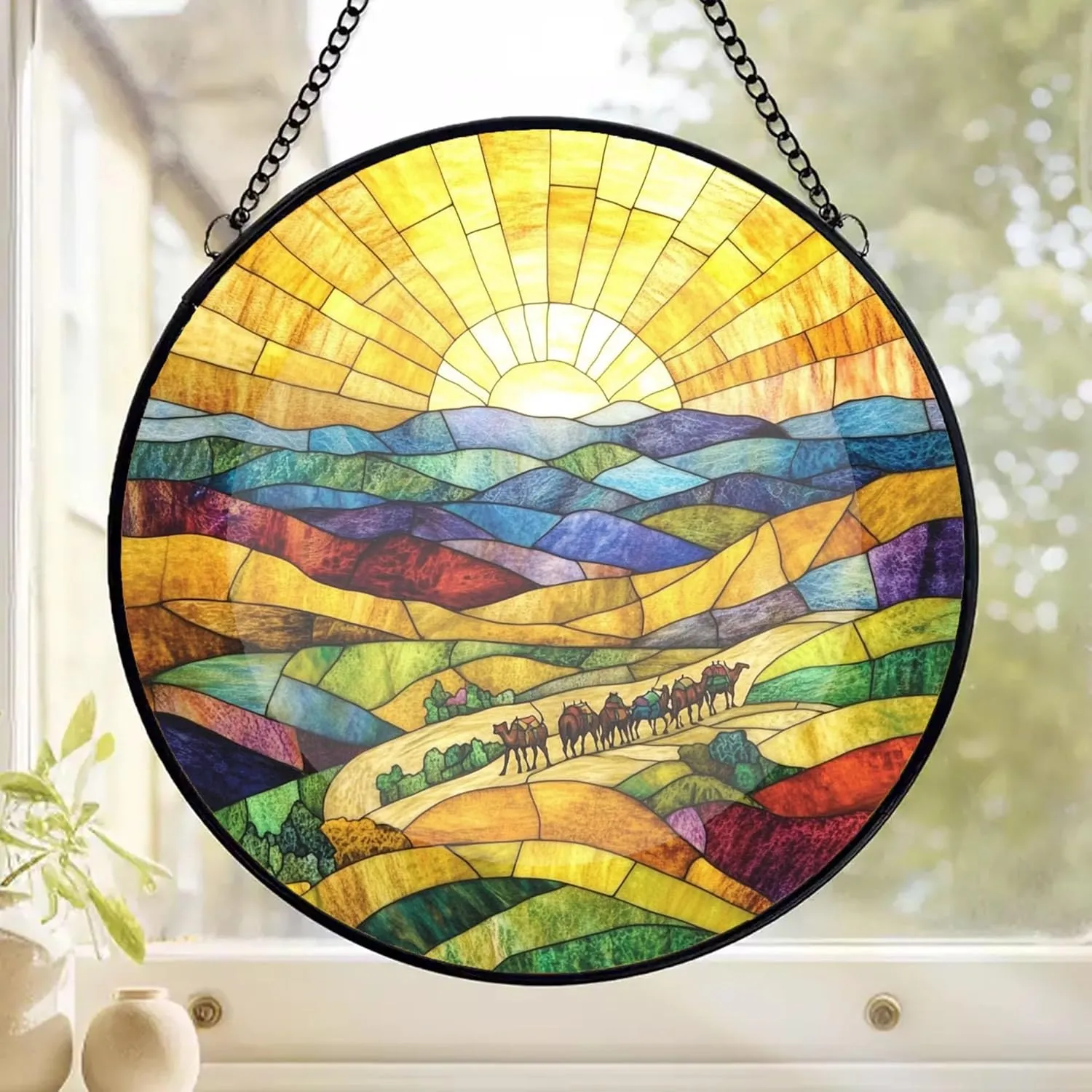 Camel Caravan Crossing The Desert Decor Suncatcher Stained Glass Window Hanging- Custom Suncatcher 2025, Wooden Ornament, Christmas Hanging Decor, Suncatcher for Christmas Tree. fmBcGi