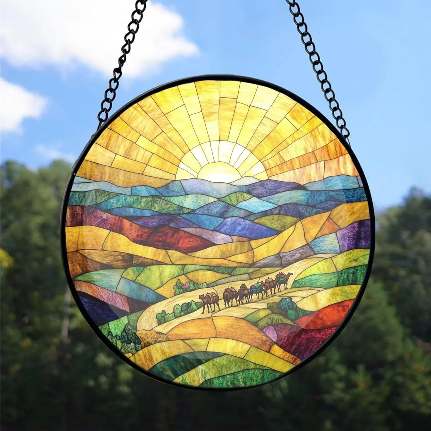 Camel Caravan Crossing The Desert Decor Suncatcher Stained Glass Window Hanging- Custom Suncatcher 2025, Wooden Ornament, Christmas Hanging Decor, Suncatcher for Christmas Tree. fmBcGi