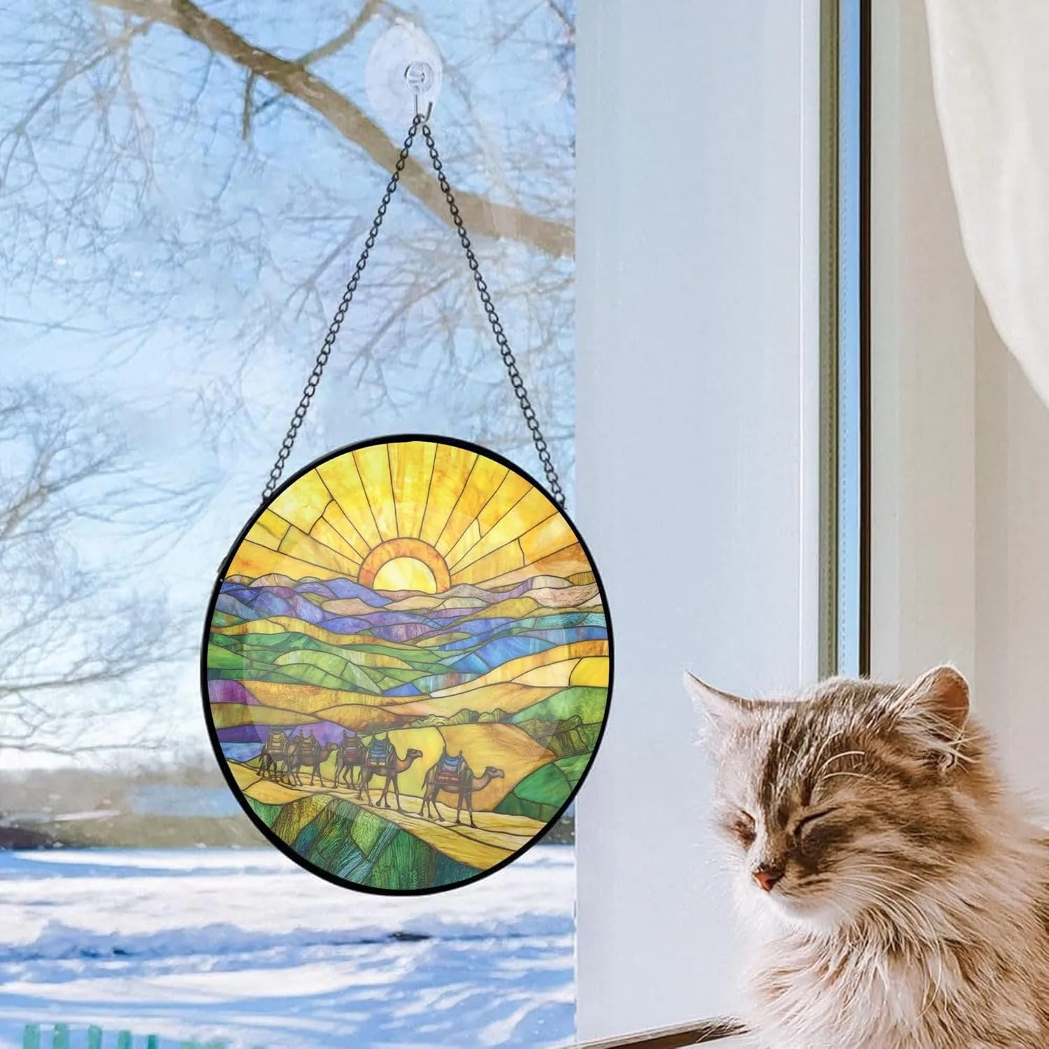 Camel Caravan Crossing The Desert Decor Suncatcher Stained Glass Window Hanging- Custom Suncatcher 2025, Wooden Ornament, Christmas Hanging Decor, Suncatcher for Christmas Tree. fWM4db