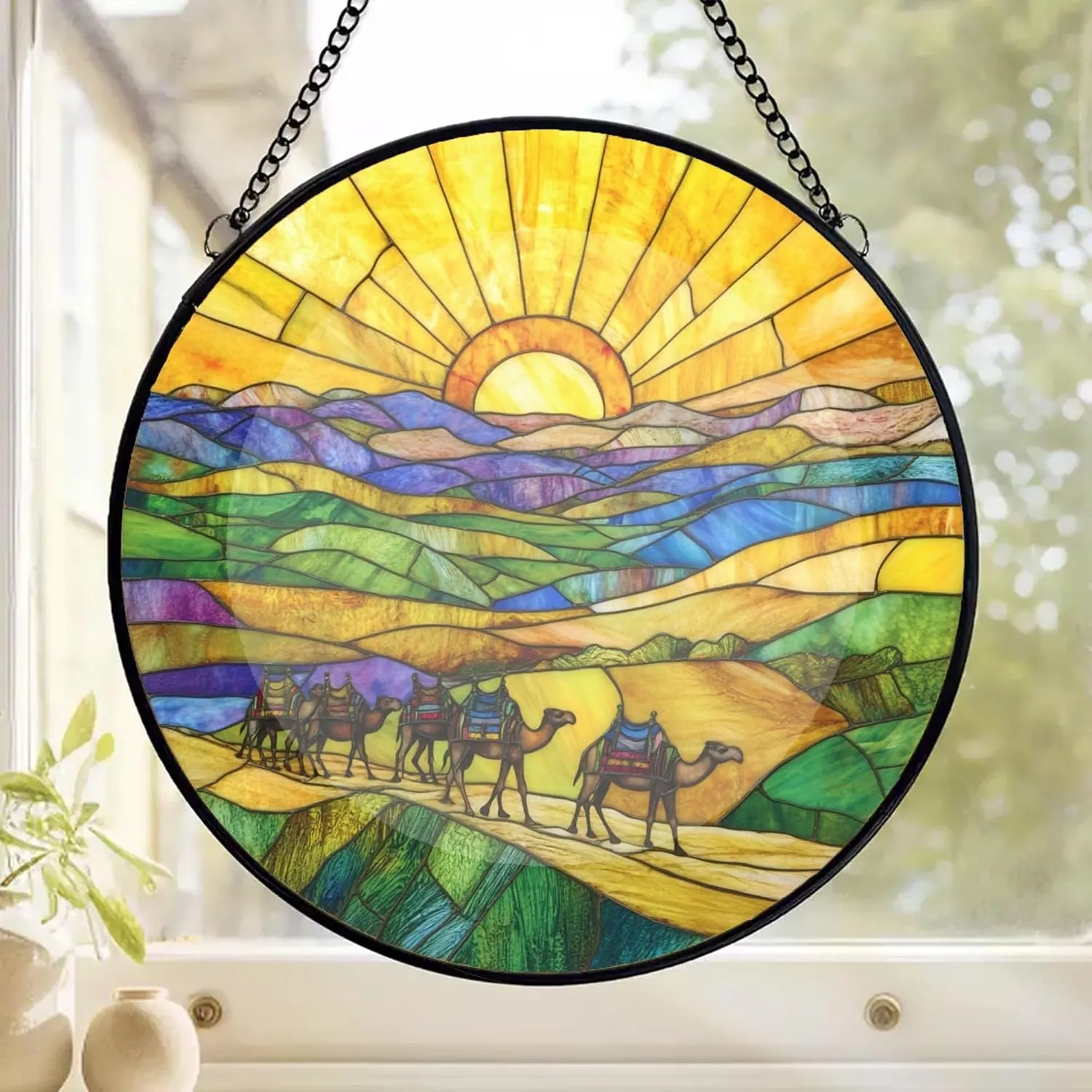 Camel Caravan Crossing The Desert Decor Suncatcher Stained Glass Window Hanging- Custom Suncatcher 2025, Wooden Ornament, Christmas Hanging Decor, Suncatcher for Christmas Tree. fWM4db