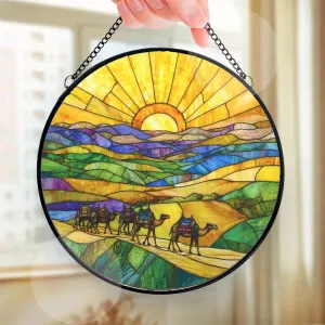 Camel Caravan Crossing The Desert Decor Suncatcher Stained Glass Window Hanging- Custom Suncatcher 2025, Wooden Ornament, Christmas Hanging Decor, Suncatcher for Christmas Tree. fWM4db