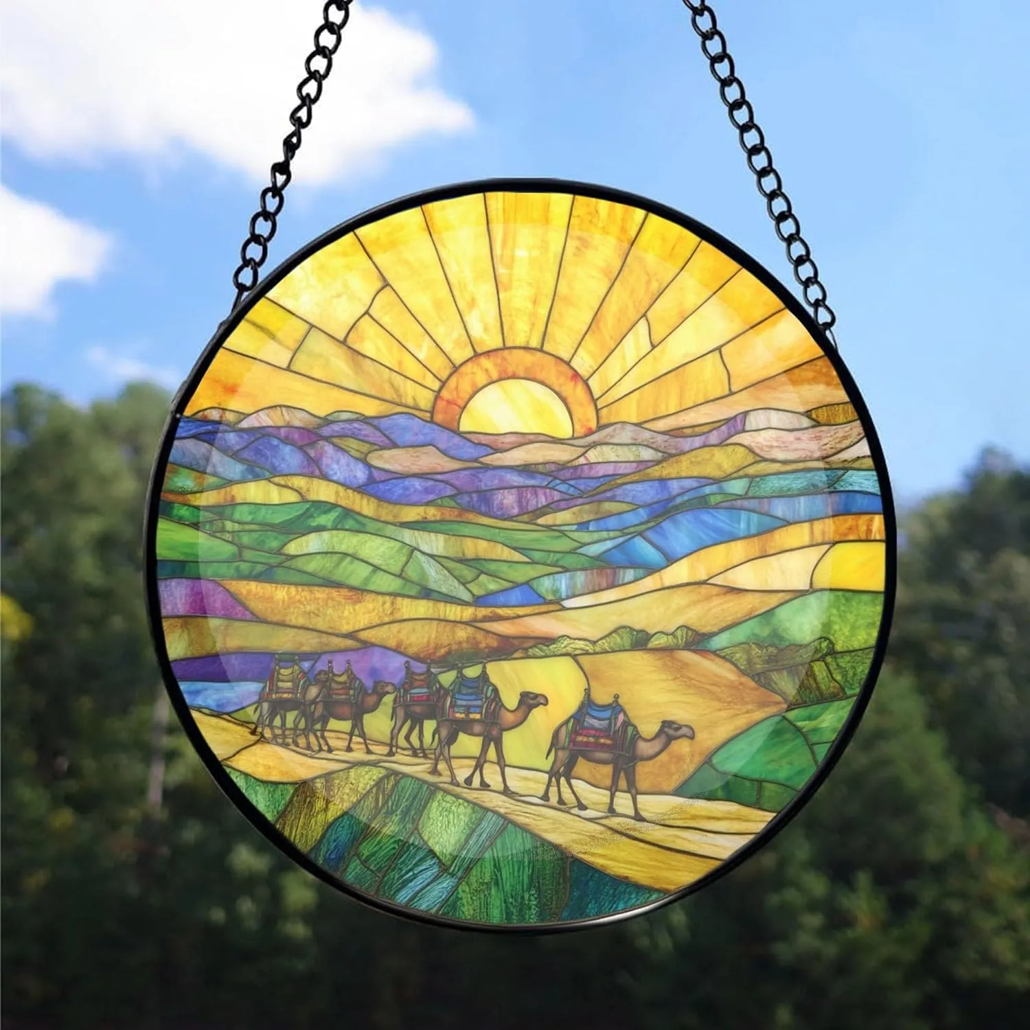 Camel Caravan Crossing The Desert Decor Suncatcher Stained Glass Window Hanging- Custom Suncatcher 2025, Wooden Ornament, Christmas Hanging Decor, Suncatcher for Christmas Tree. fWM4db