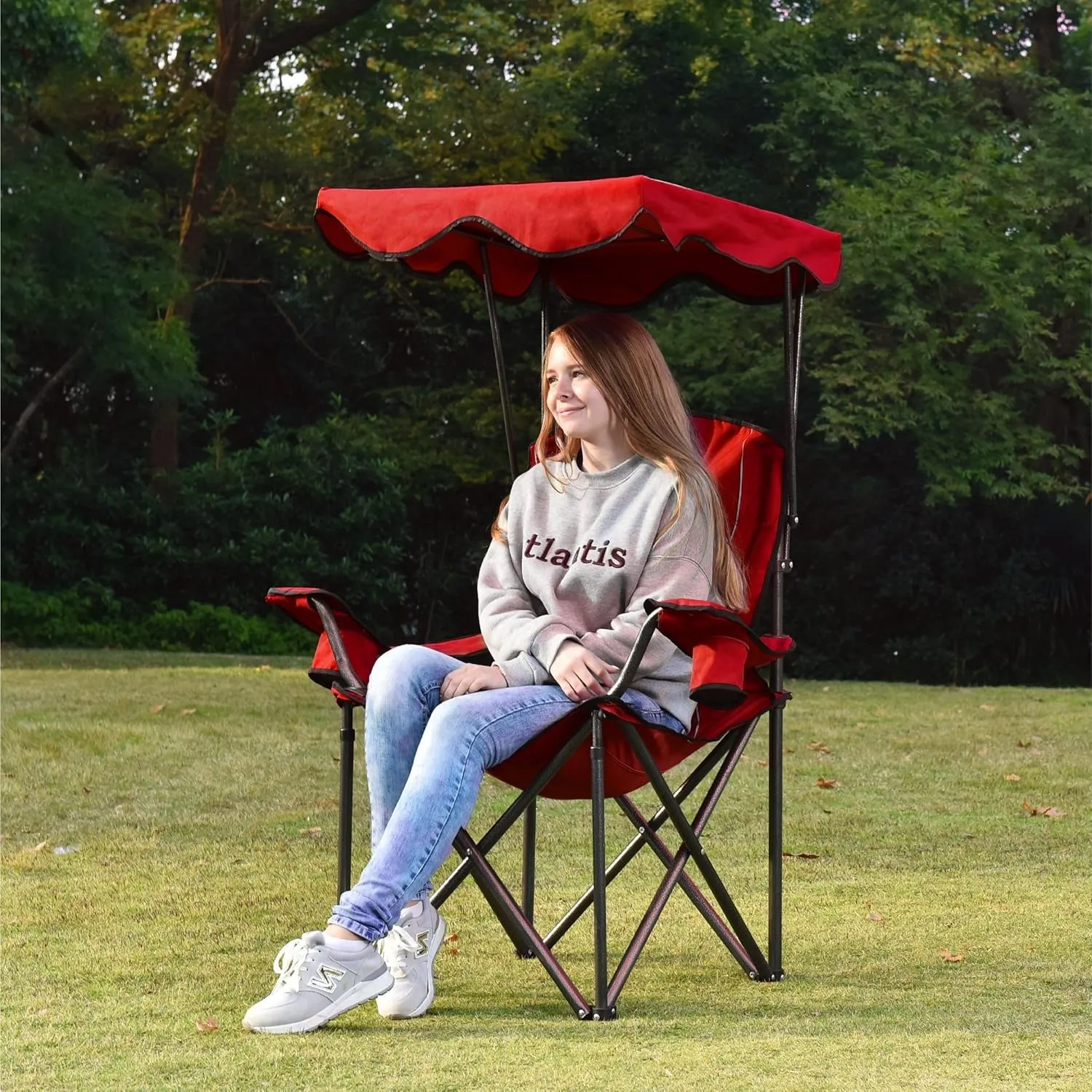 Camp Chairs with Shade Canopy Chair Folding Camping Recliner Support 350 LBS (Red)