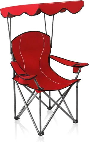 Camp Chairs with Shade Canopy Chair Folding Camping Recliner Support 350 LBS (Red)