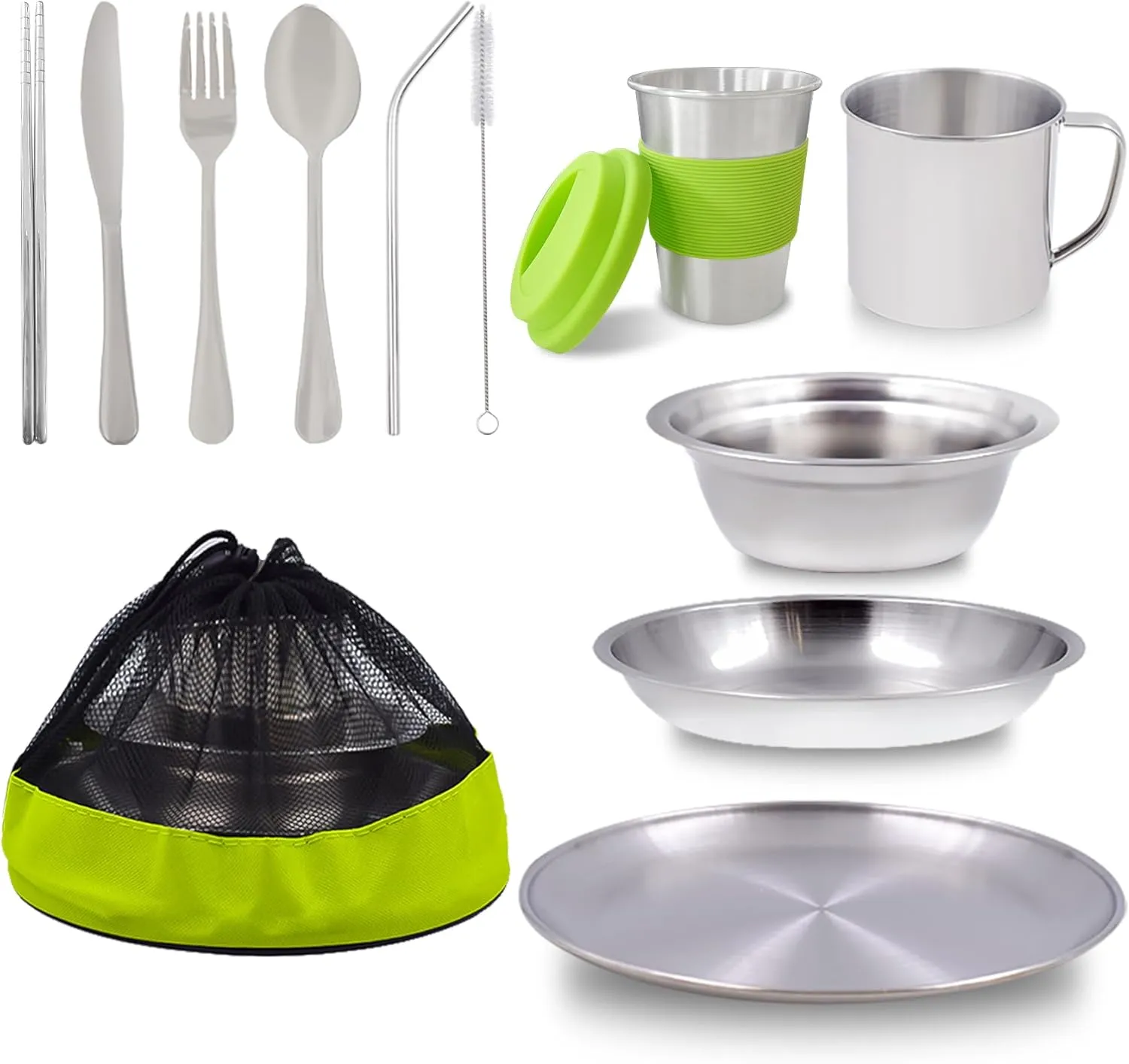 Camping Mess Kit Camping Plates Dishes Stainless Steel Camping Utensils Set Tableware Dinnerware with Bowls Cups Cutlery 1-2 Person for Backpacking, Hiking, Picnic, BBQ, RV Travel