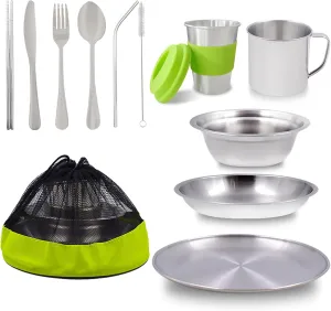 Camping Mess Kit Camping Plates Dishes Stainless Steel Camping Utensils Set Tableware Dinnerware with Bowls Cups Cutlery 1-2 Person for Backpacking, Hiking, Picnic, BBQ, RV Travel