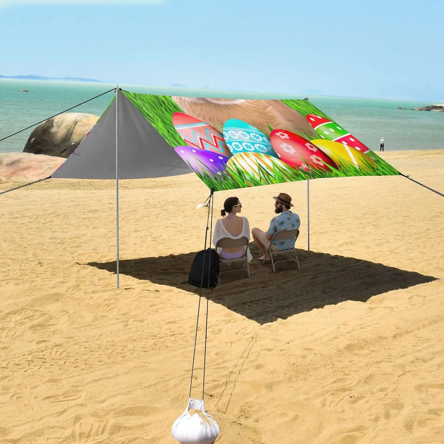 Canopy Beach Tent Outdoor Patio Shade Cute 9.2 × 10.5 FT Cute Bunny Easter Eggs Grass Portable Camping Shelter Family Waterproof with Poles Sand Anchor