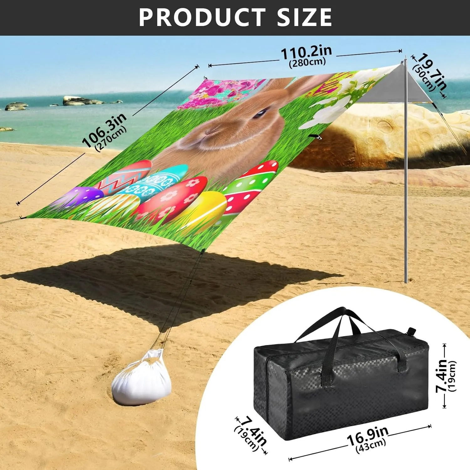 Canopy Beach Tent Outdoor Patio Shade Cute 9.2 × 10.5 FT Cute Bunny Easter Eggs Grass Portable Camping Shelter Family Waterproof with Poles Sand Anchor