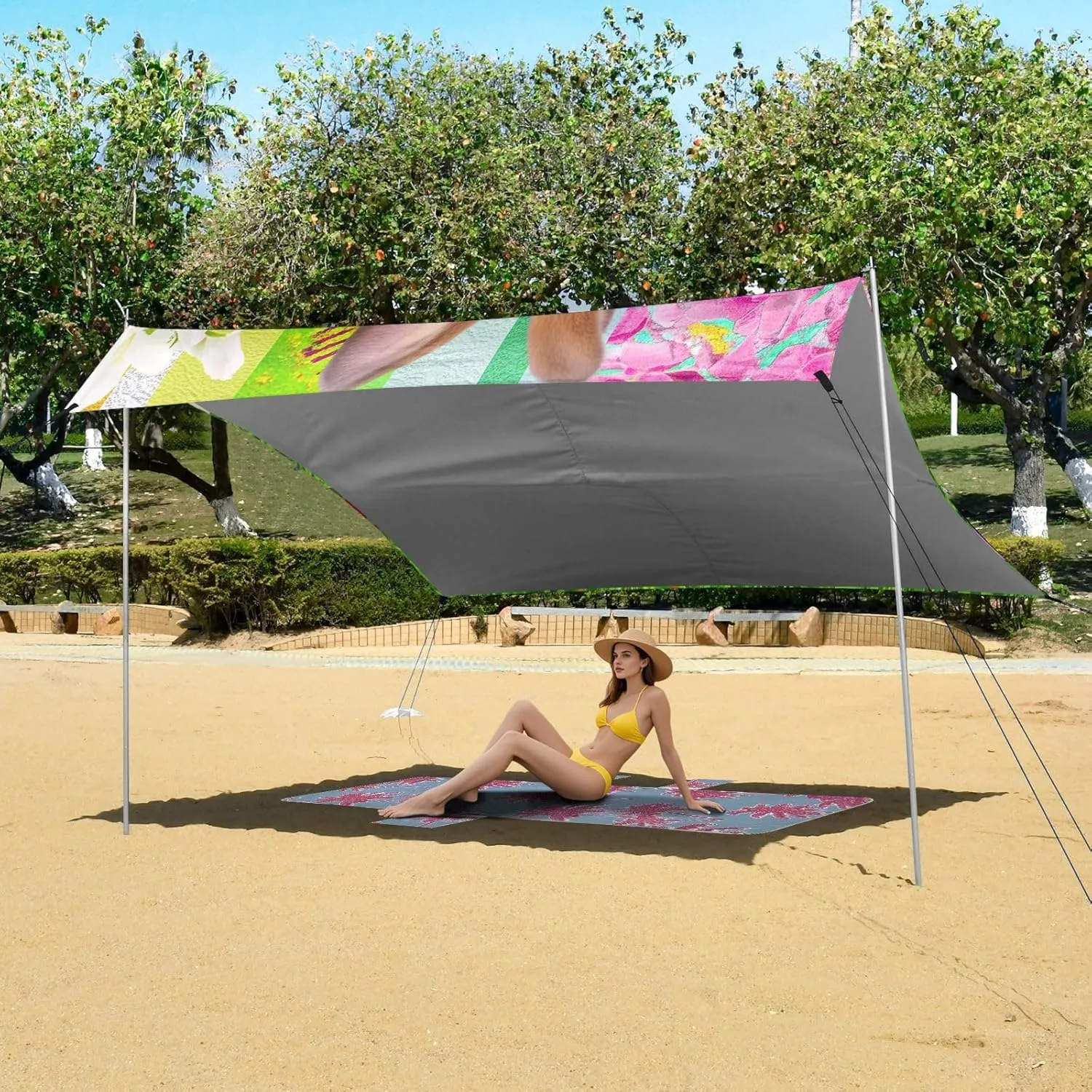 Canopy Beach Tent Outdoor Patio Shade Cute 9.2 × 10.5 FT Cute Bunny Easter Eggs Grass Portable Camping Shelter Family Waterproof with Poles Sand Anchor