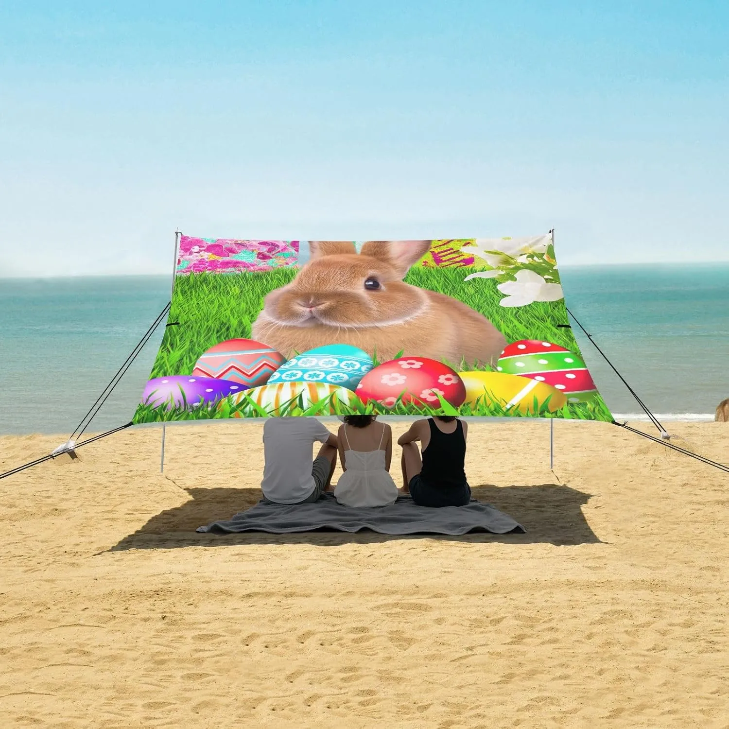 Canopy Beach Tent Outdoor Patio Shade Cute 9.2 × 10.5 FT Cute Bunny Easter Eggs Grass Portable Camping Shelter Family Waterproof with Poles Sand Anchor
