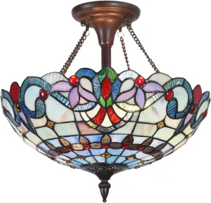 Capulina Tiffany Hanging Ceiling Light Fixture 16X16X14 Inches Light Blue Victorian Style Stained Glass Pendant Light for Living Room Bedroom Hallway Entrance