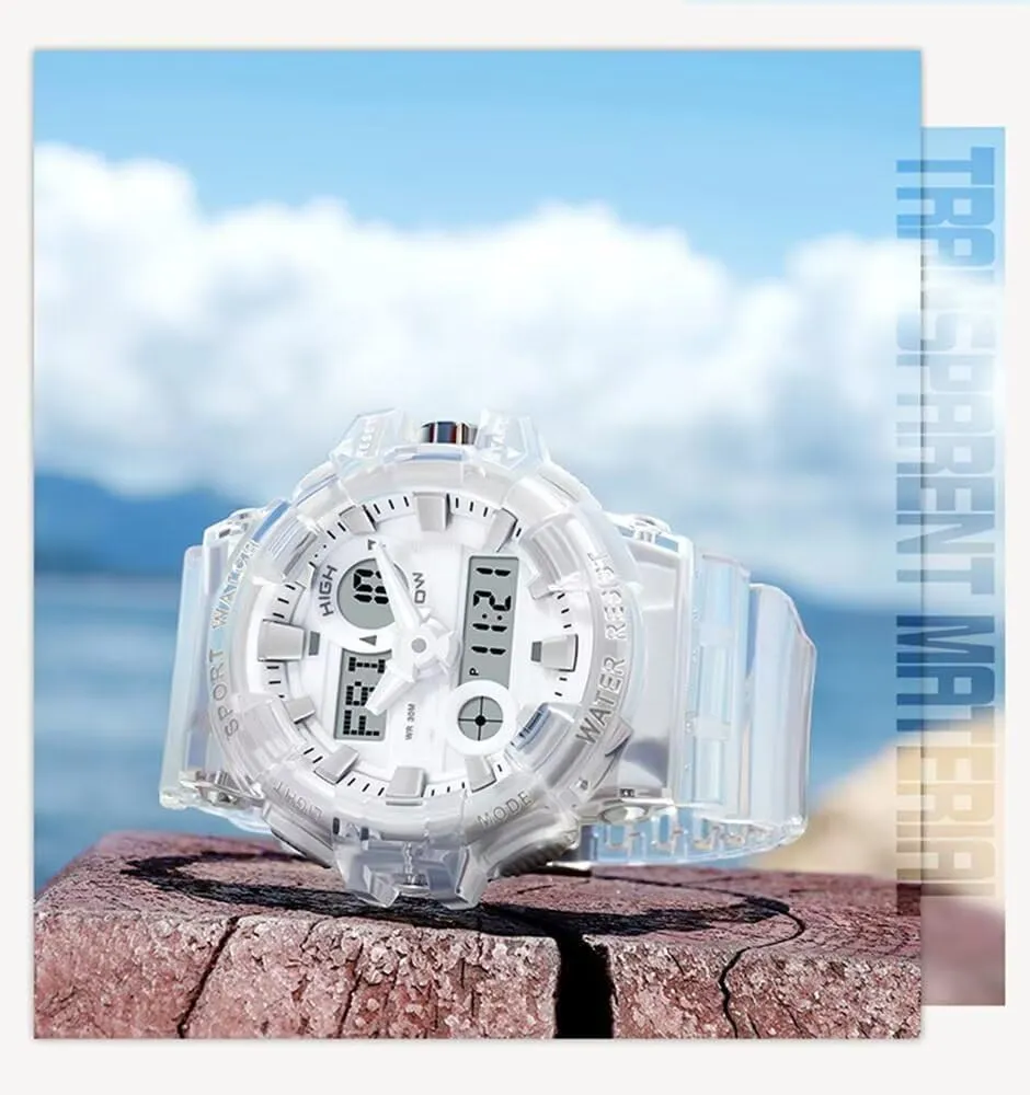 Carlien Men's Analog Digital Display LED Watch Military Multifunctional Waterproof Quartz Sports Watch with Transparent Strap