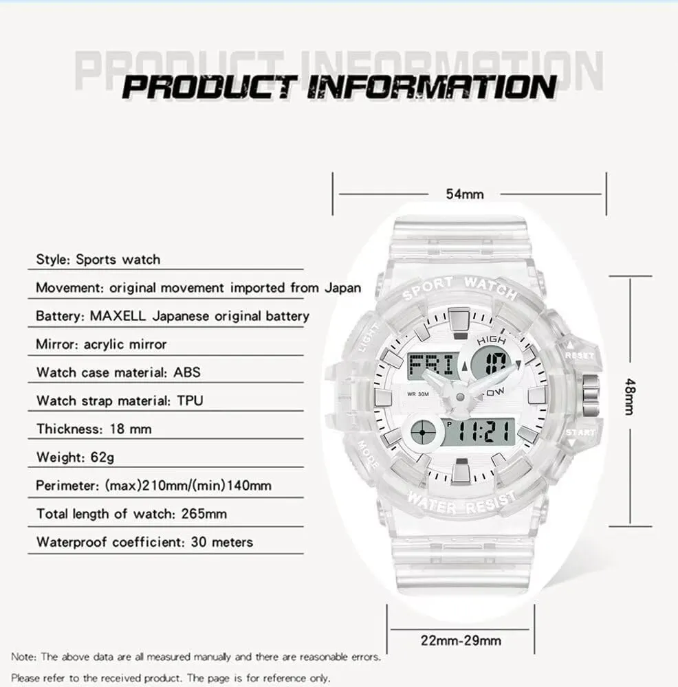 Carlien Men's Analog Digital Display LED Watch Military Multifunctional Waterproof Quartz Sports Watch with Transparent Strap