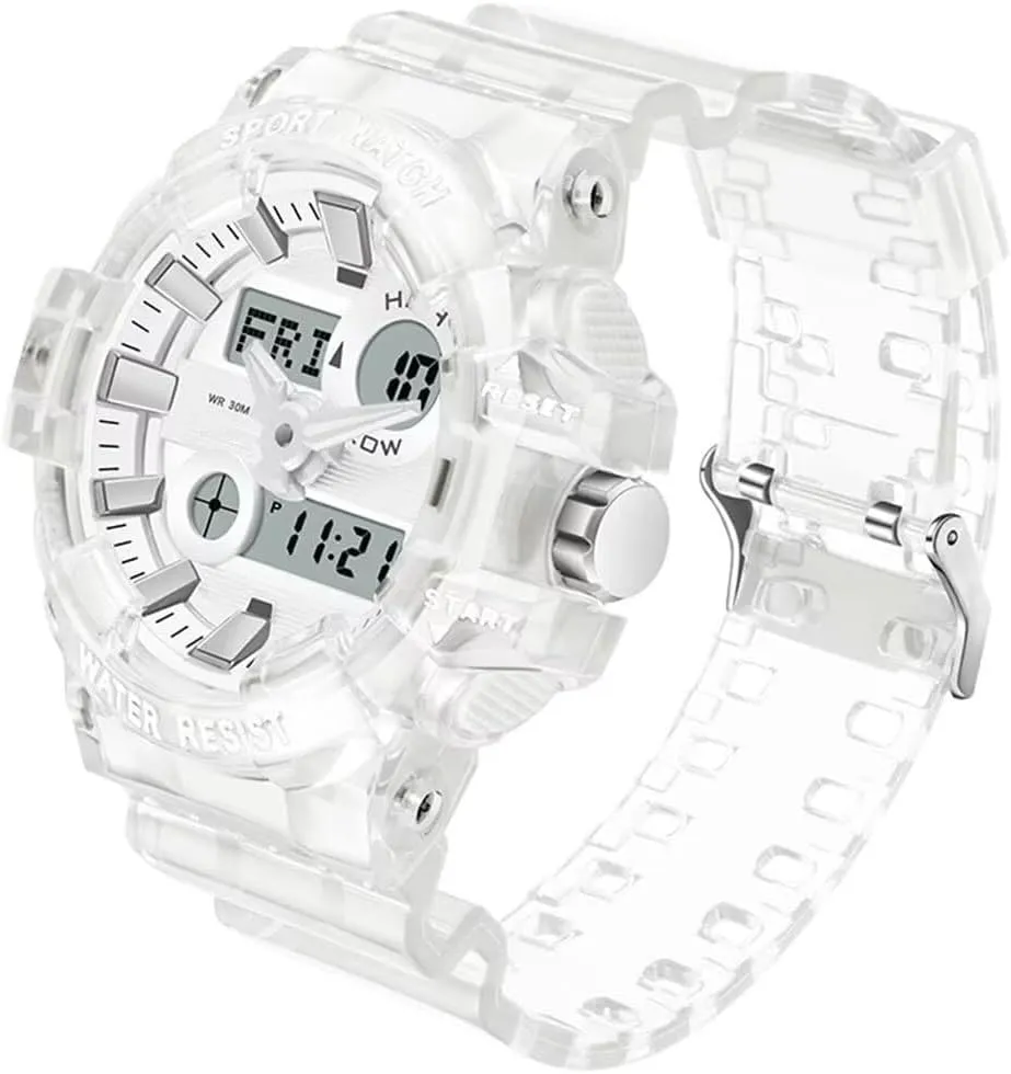 Carlien Men's Analog Digital Display LED Watch Military Multifunctional Waterproof Quartz Sports Watch with Transparent Strap
