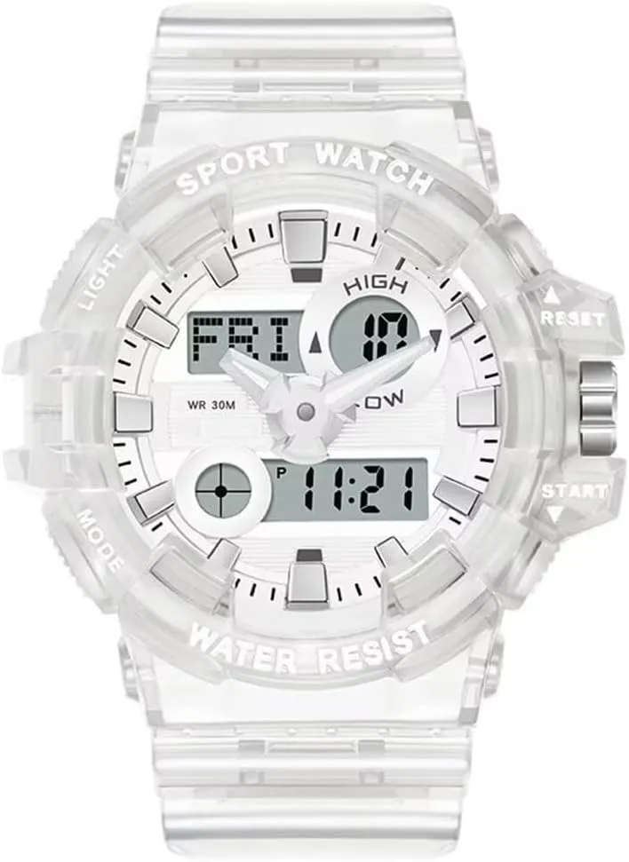 Carlien Men's Analog Digital Display LED Watch Military Multifunctional Waterproof Quartz Sports Watch with Transparent Strap