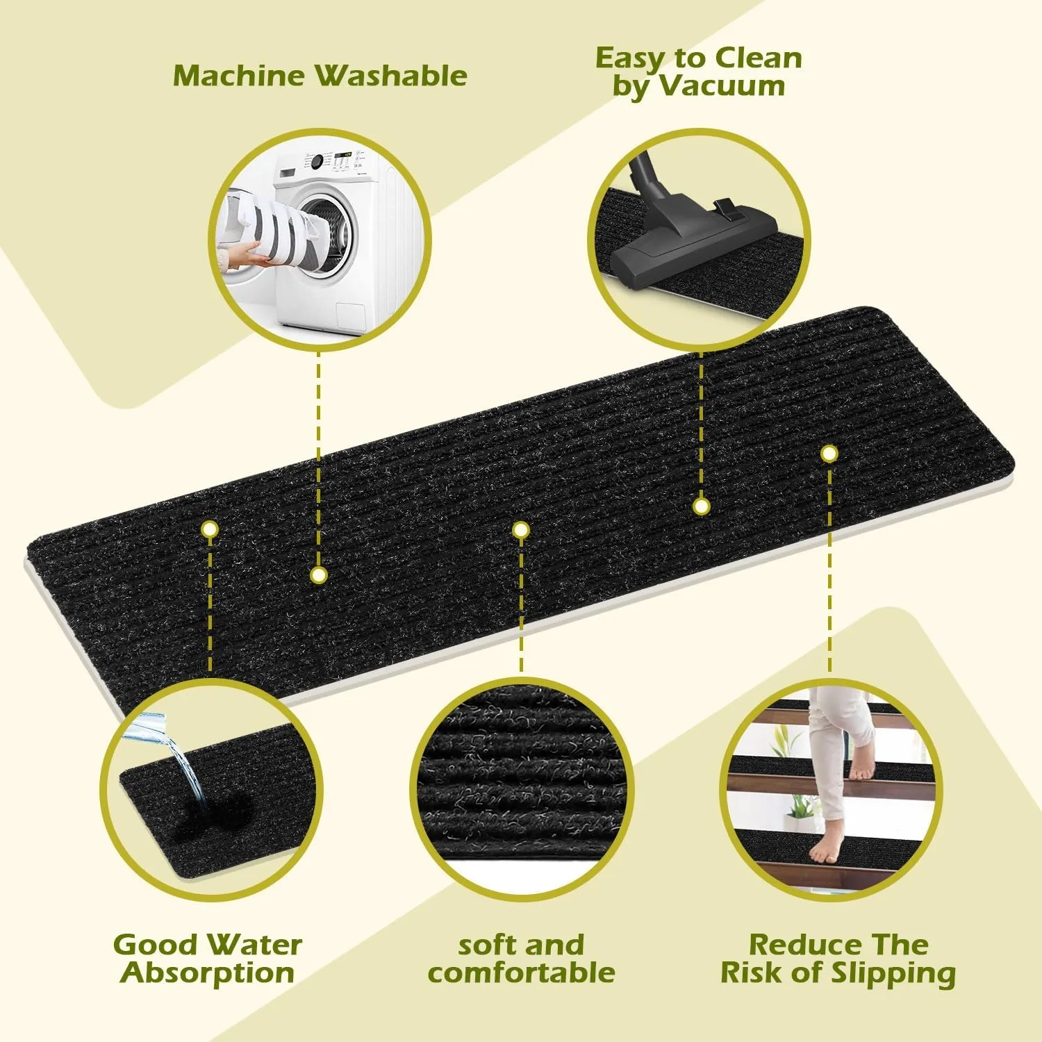 Carpet Stair Treads for Wooden Steps Non-Slip Indoor 16pcs 8x30inch Stair Treads Carpet Anti Slip for Dogs, Elders, Kids Stair Runners for Wooden Steps Stair Pads Mats Covers Pads, Black