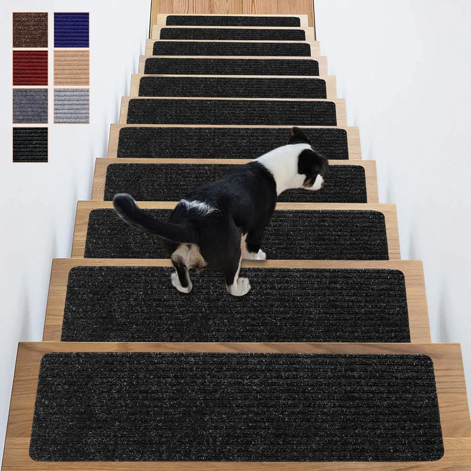 Carpet Stair Treads for Wooden Steps Non-Slip Indoor 16pcs 8x30inch Stair Treads Carpet Anti Slip for Dogs, Elders, Kids Stair Runners for Wooden Steps Stair Pads Mats Covers Pads, Black