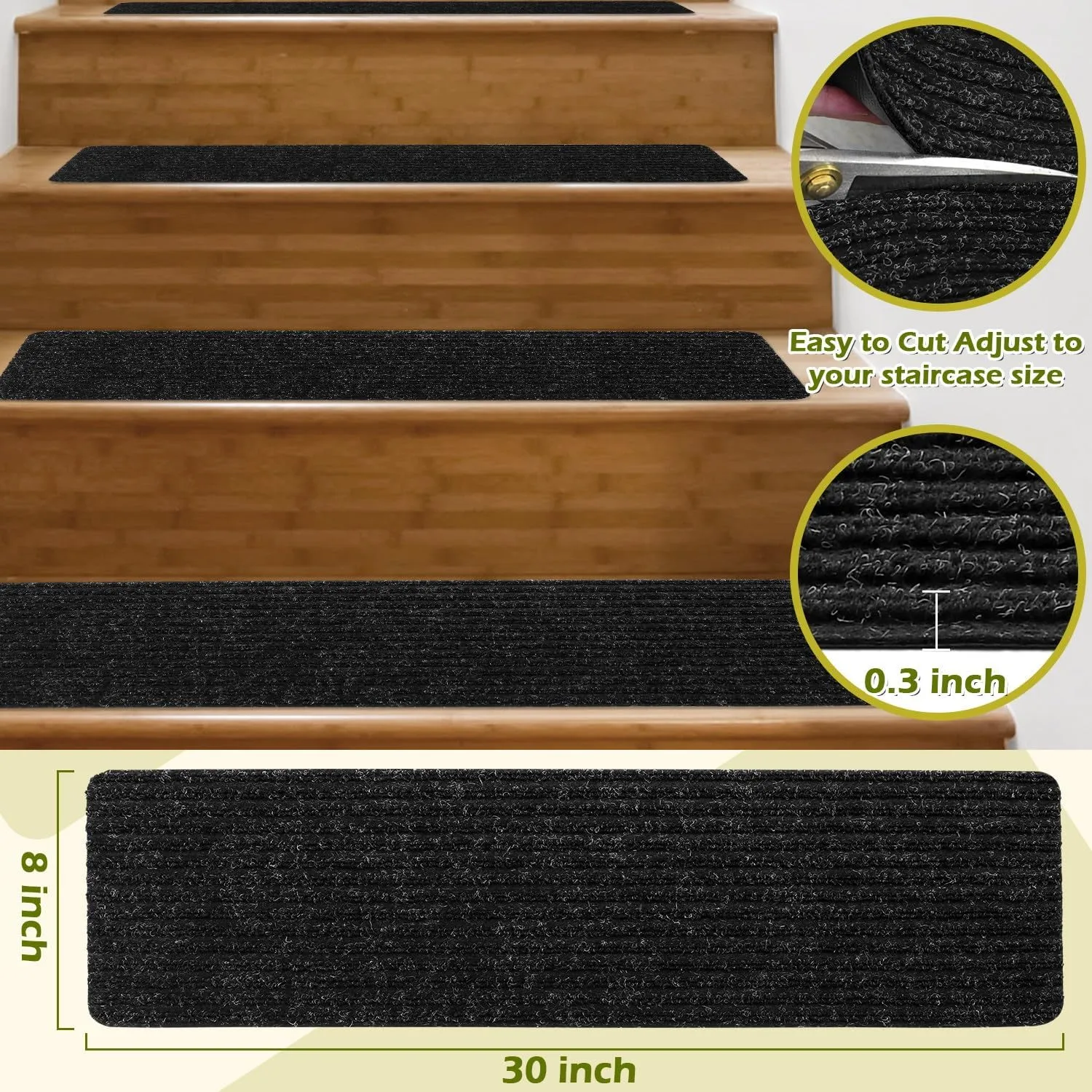 Carpet Stair Treads for Wooden Steps Non-Slip Indoor 16pcs 8x30inch Stair Treads Carpet Anti Slip for Dogs, Elders, Kids Stair Runners for Wooden Steps Stair Pads Mats Covers Pads, Black