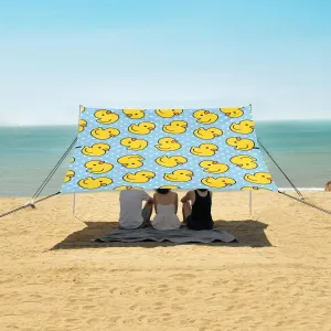 Cartoon Cute Duck Beach Canopy Tent Anti-UV & Wind Resistant, Blue White Dot Camping Sun Shelter Easy Setup Portable,Outdoor Shade Tents with Sandbags,Sand Shovels,Ground Pegs & Stability Poles