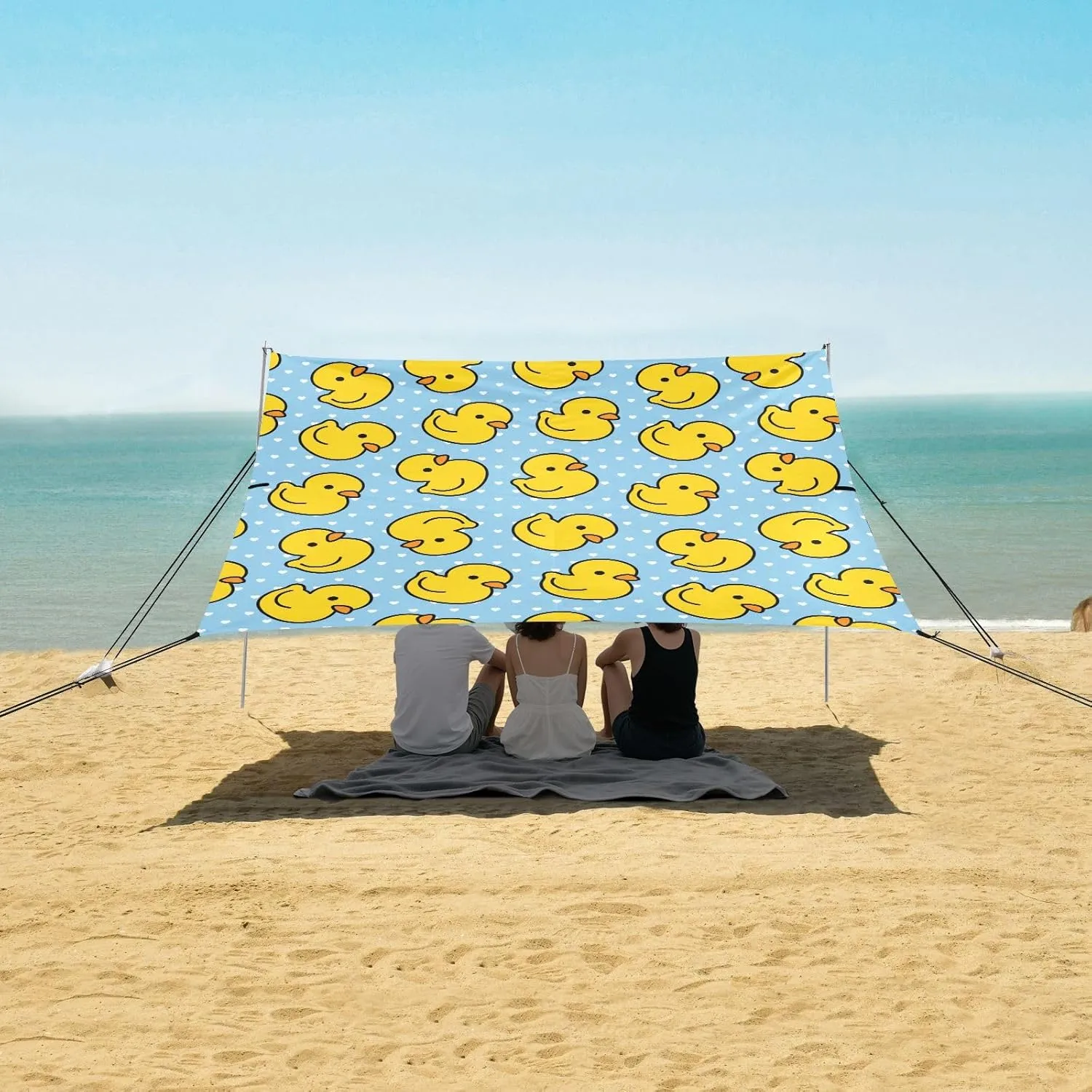 Cartoon Cute Duck Beach Canopy Tent Anti-UV & Wind Resistant, Blue White Dot Camping Sun Shelter Easy Setup Portable,Outdoor Shade Tents with Sandbags,Sand Shovels,Ground Pegs & Stability Poles