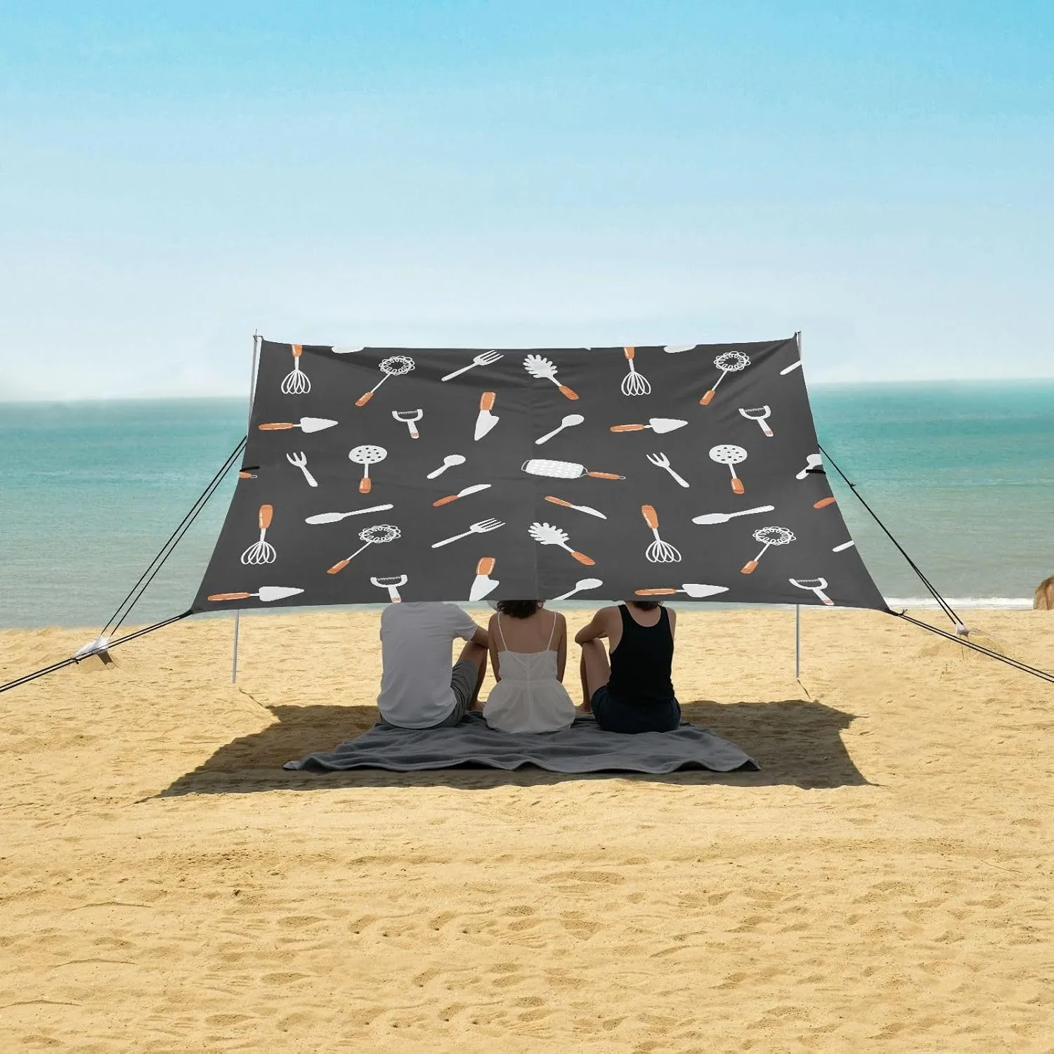 Cartoon Kitchen Tools Pattern Beach Canopy Tent Anti-UV & Wind Resistant, Camping Sun Shelter Easy Setup Portable,Outdoor Shade Tents with Sandbags,Sand Shovels,Ground Pegs & Stability Poles