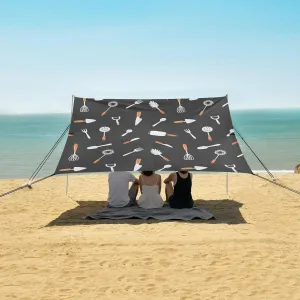Cartoon Kitchen Tools Pattern Beach Canopy Tent Anti-UV & Wind Resistant, Camping Sun Shelter Easy Setup Portable,Outdoor Shade Tents with Sandbags,Sand Shovels,Ground Pegs & Stability Poles