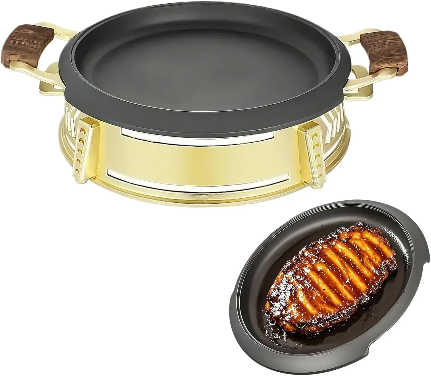 Cassette Grill Pan Non-stickAlloy Round Pan Hot Pot Oil Leaking Pan Camping BBQ(GD-SG,26cm)