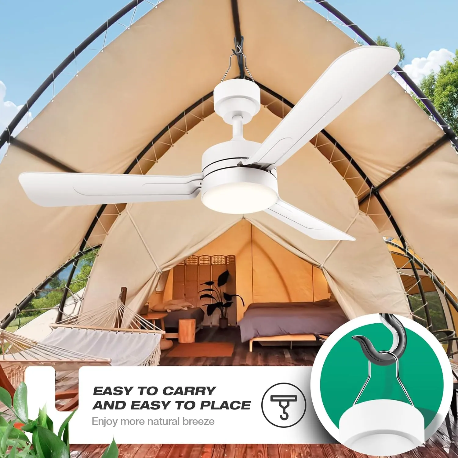 Ceiling Fans with Lights,36" LED Fan Light Hanging with Hook,Hook Type Ceiling Fan,Plug in Ceiling Fan Light,40W,3000-6500k,Remote Control,Portable Fan for Camping Bed,Patios,(White)