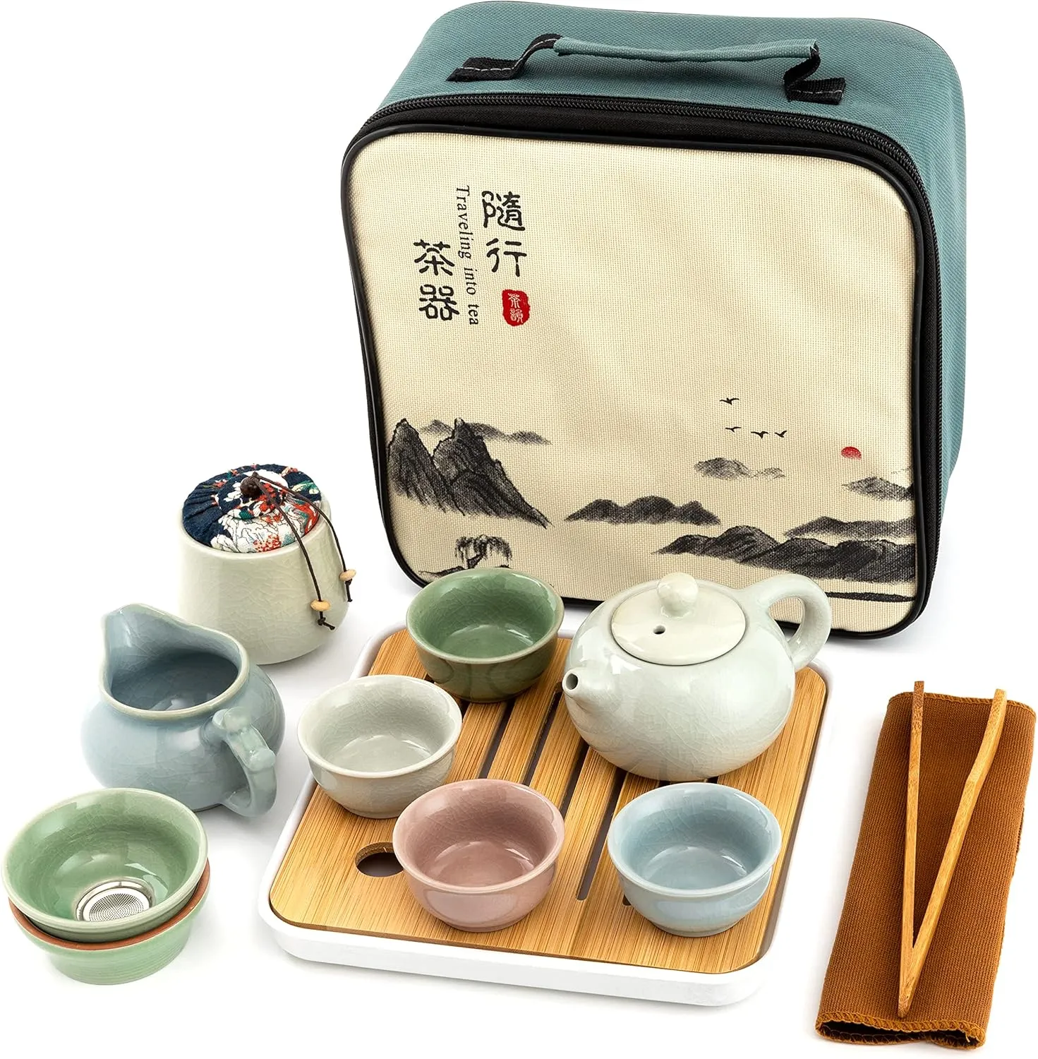 Ceramic Kungfu Tea Sets 12 Piece,Mini Protable Travel Tea Set With Tea Pot, 4x Tea Cups, Bamboo Tea Tray, Tea Canister, Travel Bag |Asian Tea Set Suitable for Office, Picnic, Home, BusinessTrip