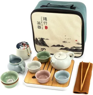 Ceramic Kungfu Tea Sets 12 Piece,Mini Protable Travel Tea Set With Tea Pot, 4x Tea Cups, Bamboo Tea Tray, Tea Canister, Travel Bag |Asian Tea Set Suitable for Office, Picnic, Home, BusinessTrip