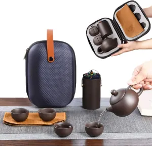 Ceramic Travel Tea Sets 6Pack Chinese Kungfu Tea Set Porcelain Teapot, Tea Canister, 4 Teacups,Tea Mat and Portable Travel Bag Purple Clay tea pot set for Travel, Home, Outdoor, Office