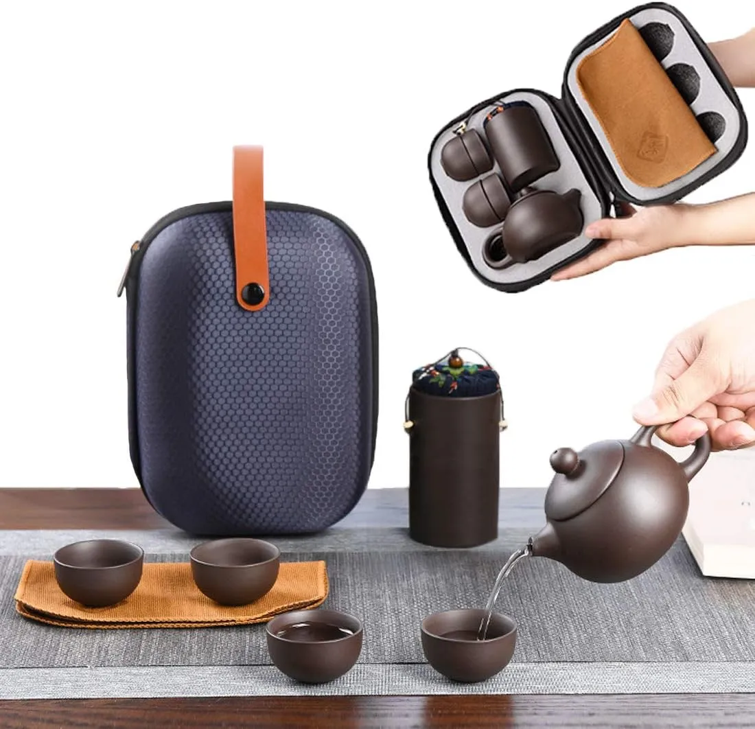 Ceramic Travel Tea Sets 6Pack Chinese Kungfu Tea Set Porcelain Teapot, Tea Canister, 4 Teacups,Tea Mat and Portable Travel Bag Purple Clay tea pot set for Travel, Home, Outdoor, Office