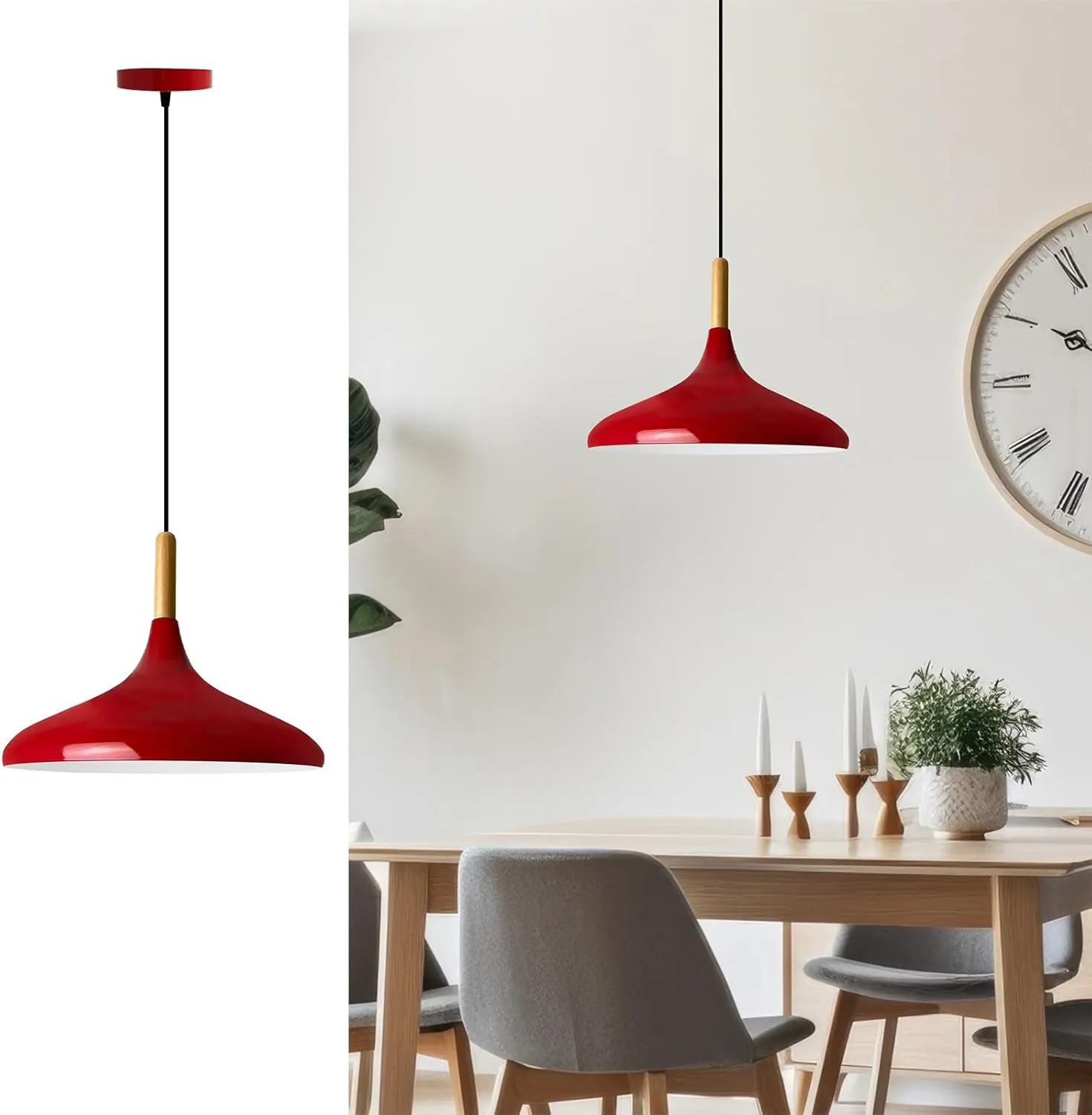 Champion Red Nordic Modern Pendant Light Fixtures Wood 13.7" Hanging Lamp Living Room Wood E26, Dining Room Light Fixture, Pendant Light Kitchen Island Lamp Modern Pendant Hanging Light