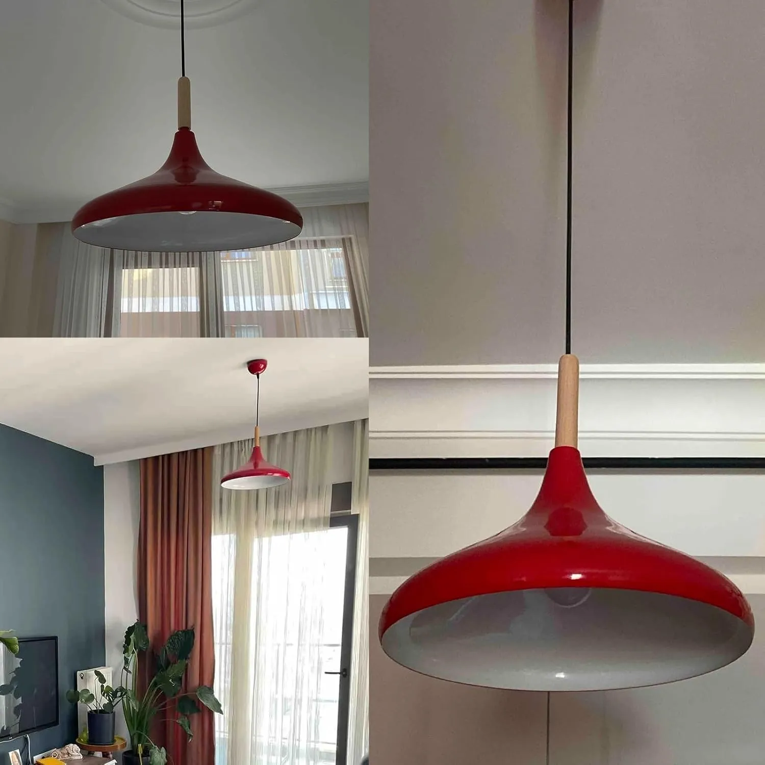 Champion Red Nordic Modern Pendant Light Fixtures Wood 13.7" Hanging Lamp Living Room Wood E26, Dining Room Light Fixture, Pendant Light Kitchen Island Lamp Modern Pendant Hanging Light
