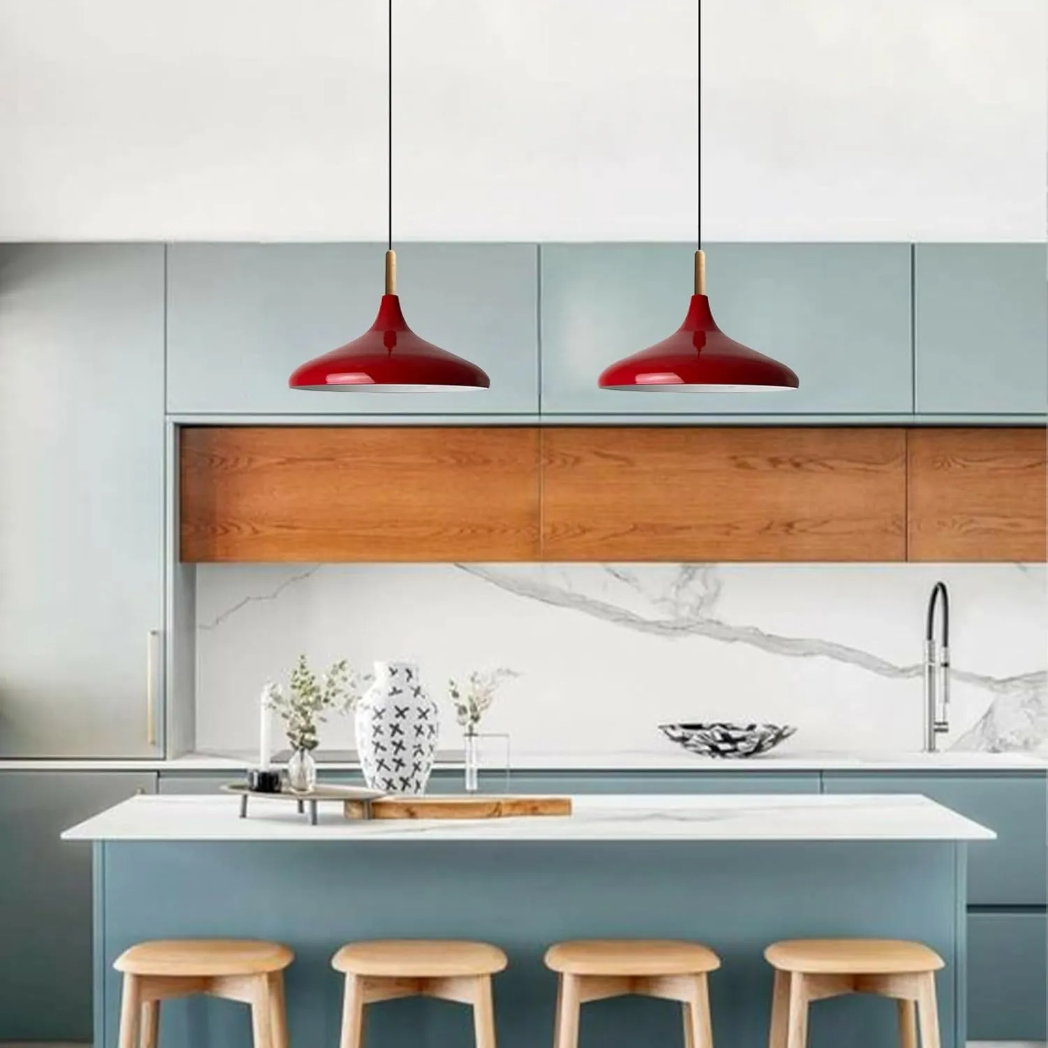 Champion Red Nordic Modern Pendant Light Fixtures Wood 13.7" Hanging Lamp Living Room Wood E26, Dining Room Light Fixture, Pendant Light Kitchen Island Lamp Modern Pendant Hanging Light