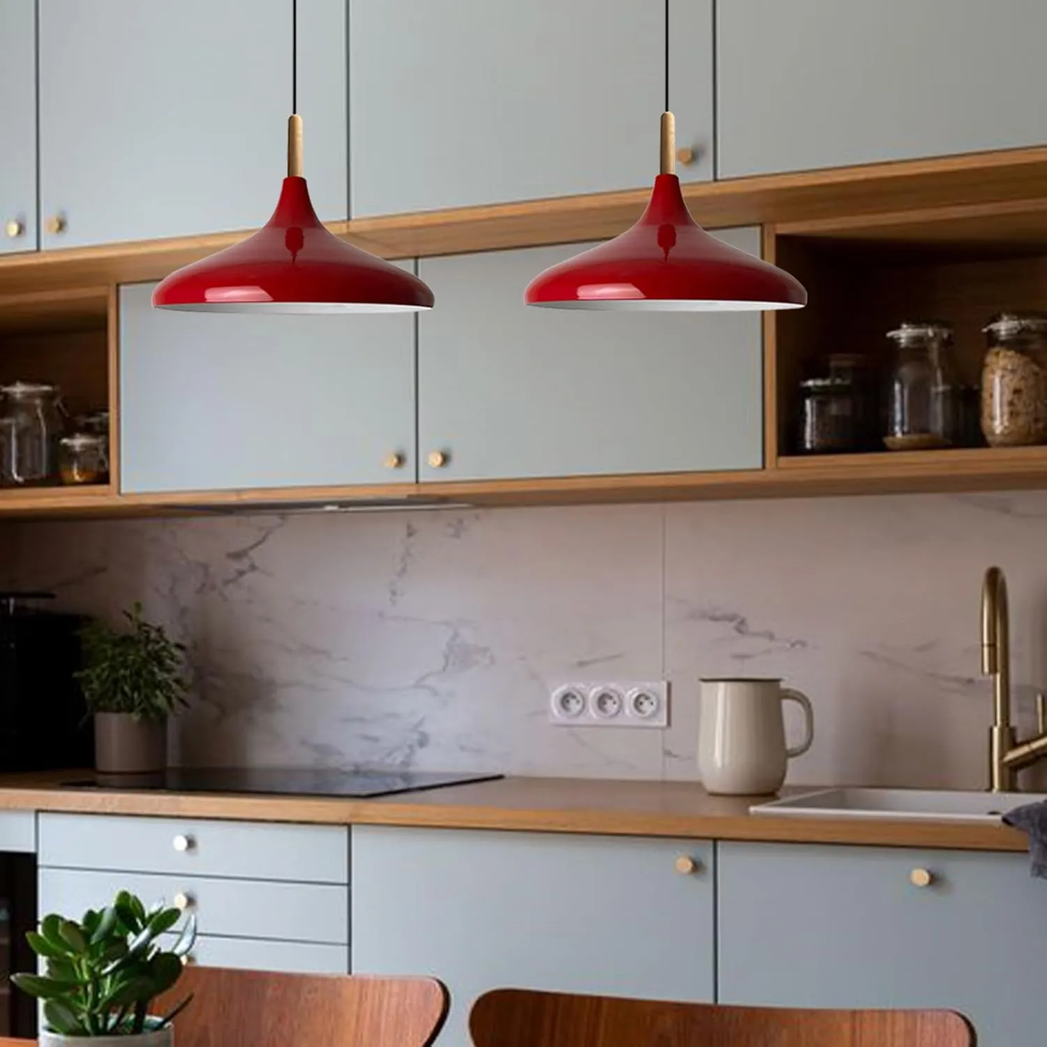Champion Red Nordic Modern Pendant Light Fixtures Wood 13.7" Hanging Lamp Living Room Wood E26, Dining Room Light Fixture, Pendant Light Kitchen Island Lamp Modern Pendant Hanging Light