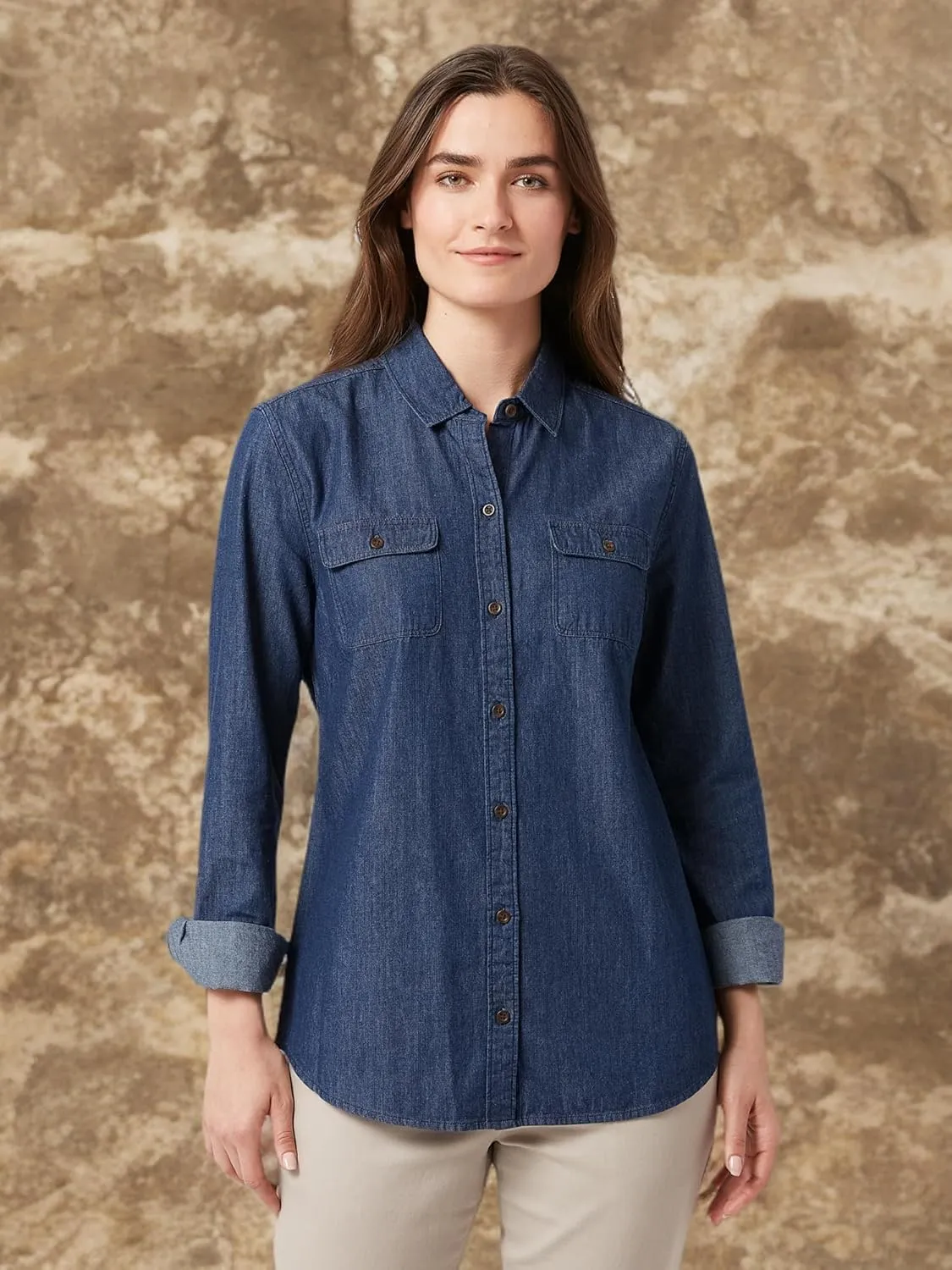 Chaps Women's Chambray Shirt - Denim Button Down Blouse - Casual Long Sleeve Jean Shirt for Women (S-XXL)