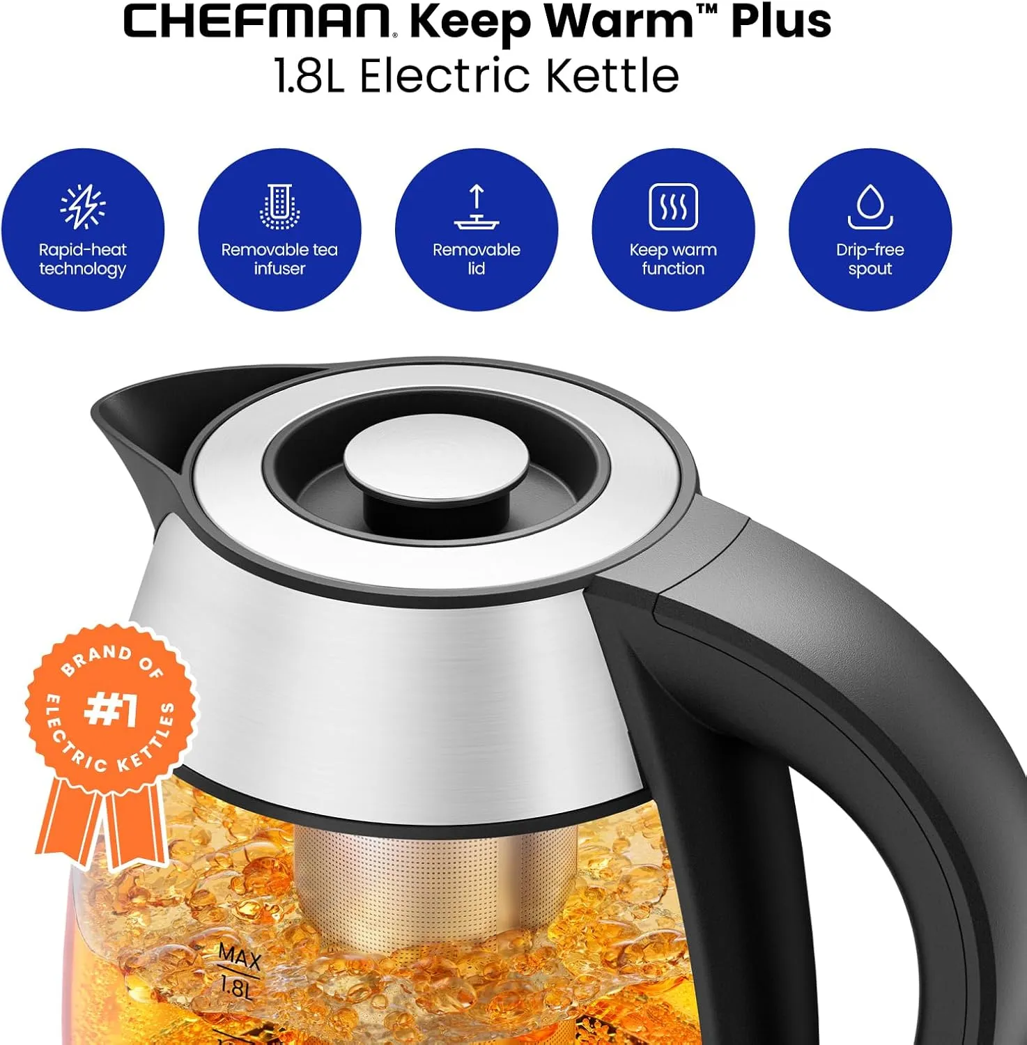 Chefman Glass Electric Kettle for Boiling Water, 1.8L 1500W, with Tea Infuser, Keep Warm Function, Auto Shut Off, Boil-Dry Protection, BPA Free, Hot Water Boiler, Electric Tea Kettle - Stainless Steel