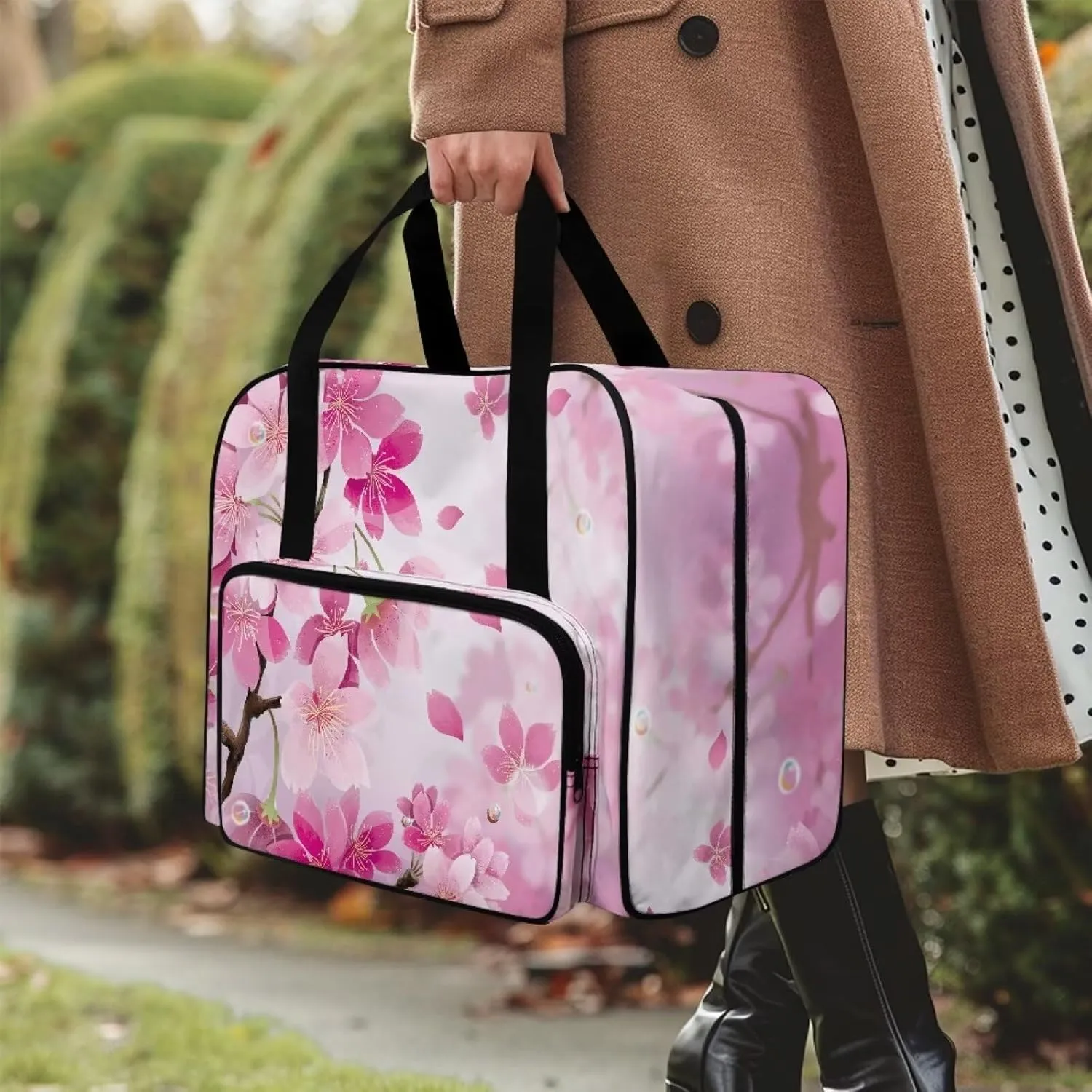 Cherry Blossom Sewing Machine Carrying Case Portable Sewing Machine Bag Large Capacity Padded Storage Dust Cover with Pockets for Sewing Machine Gift for Mom