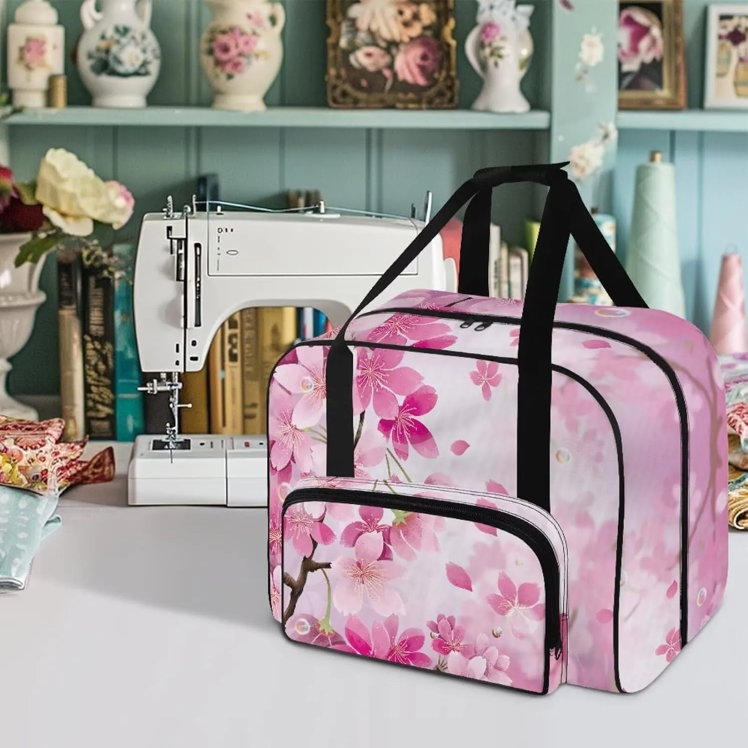 Cherry Blossom Sewing Machine Carrying Case Portable Sewing Machine Bag Large Capacity Padded Storage Dust Cover with Pockets for Sewing Machine Gift for Mom
