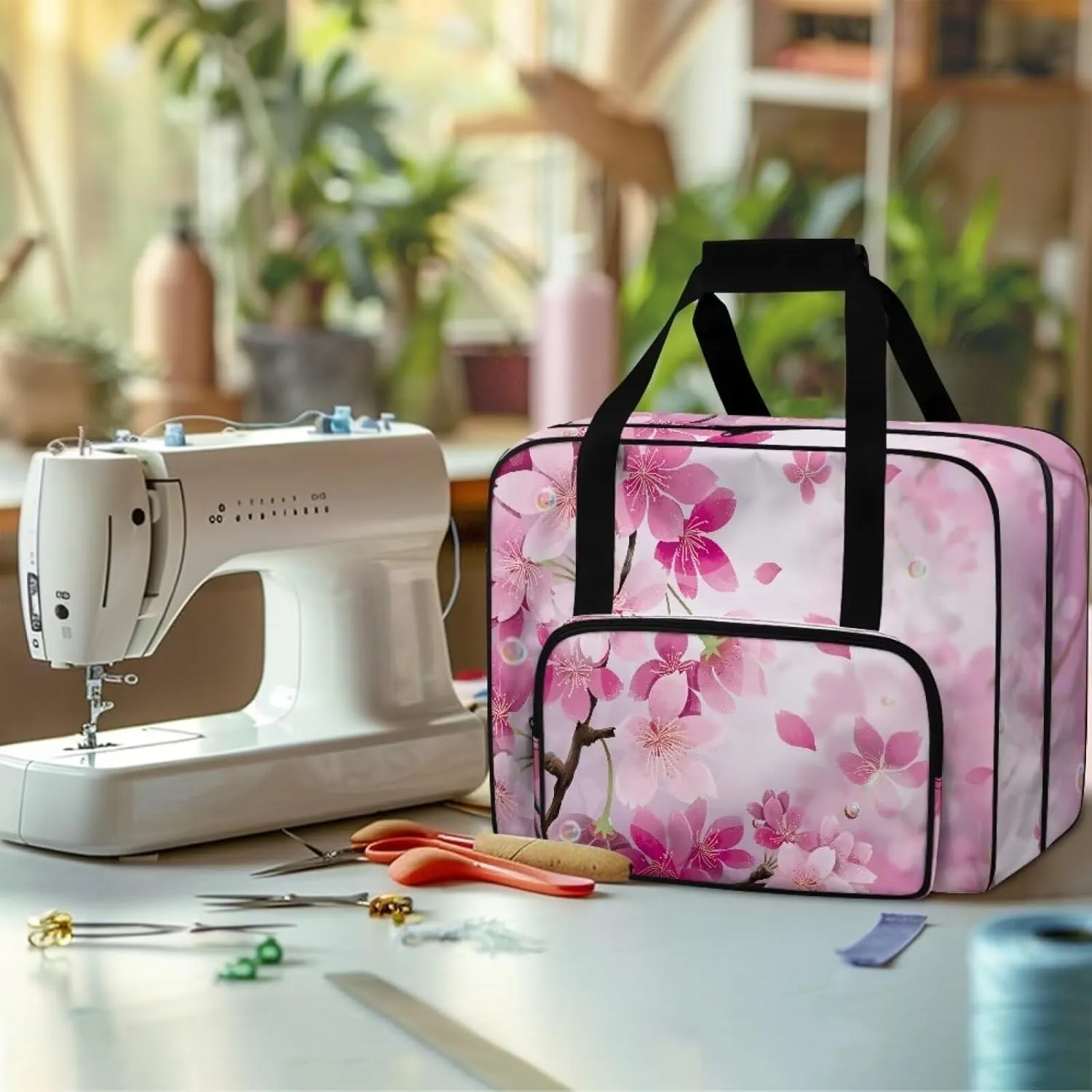 Cherry Blossom Sewing Machine Carrying Case Portable Sewing Machine Bag Large Capacity Padded Storage Dust Cover with Pockets for Sewing Machine Gift for Mom