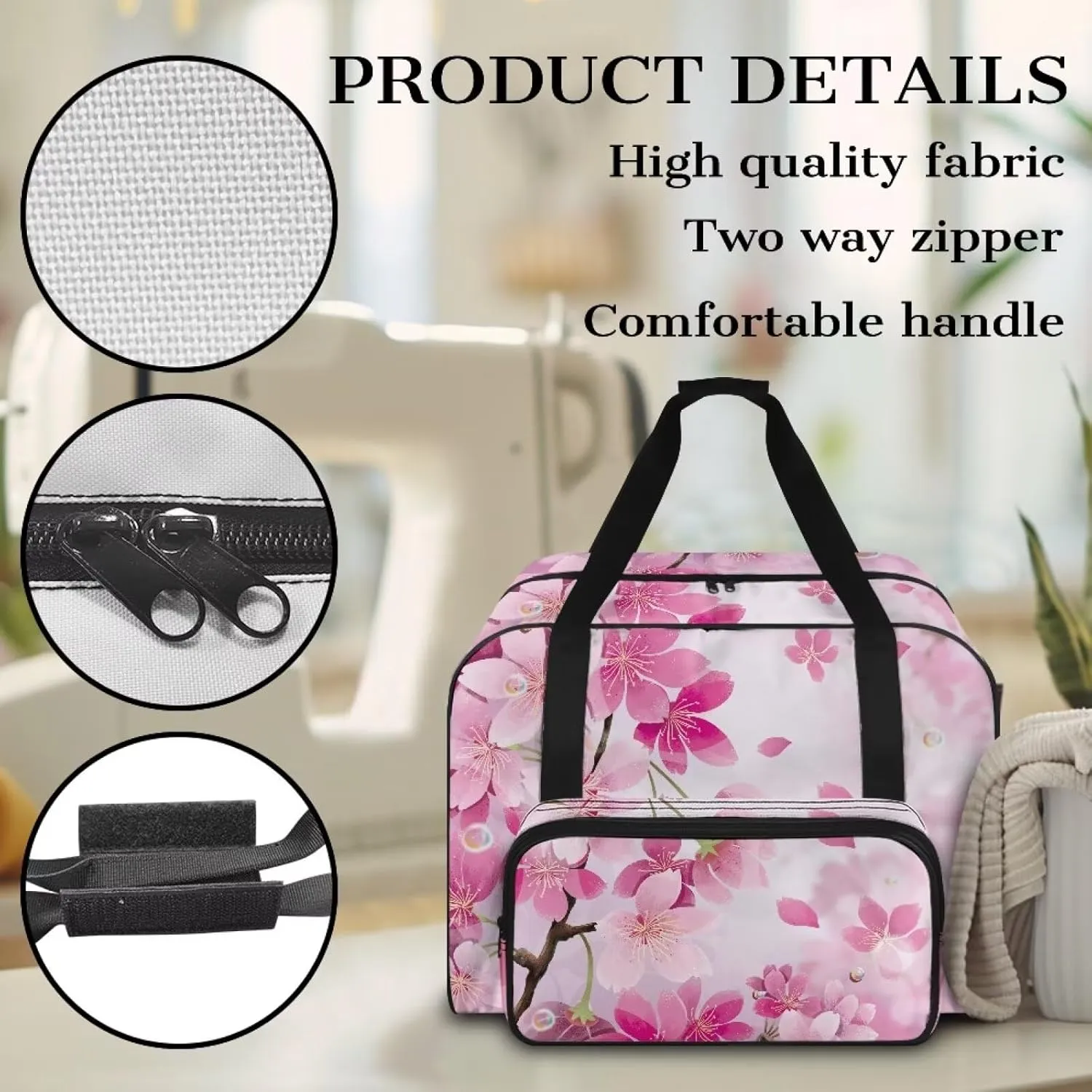 Cherry Blossom Sewing Machine Carrying Case Portable Sewing Machine Bag Large Capacity Padded Storage Dust Cover with Pockets for Sewing Machine Gift for Mom