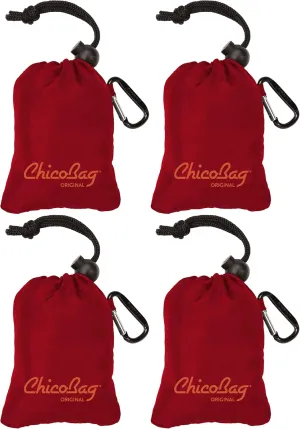 ChicoBag Original Compact Reusable Grocery Bag w/Attached Pouch and Carabiner Clip | Perfect for Shopping, Travel, Organization | Eco-Conscious Packable Tote | Red (Pack of 4)