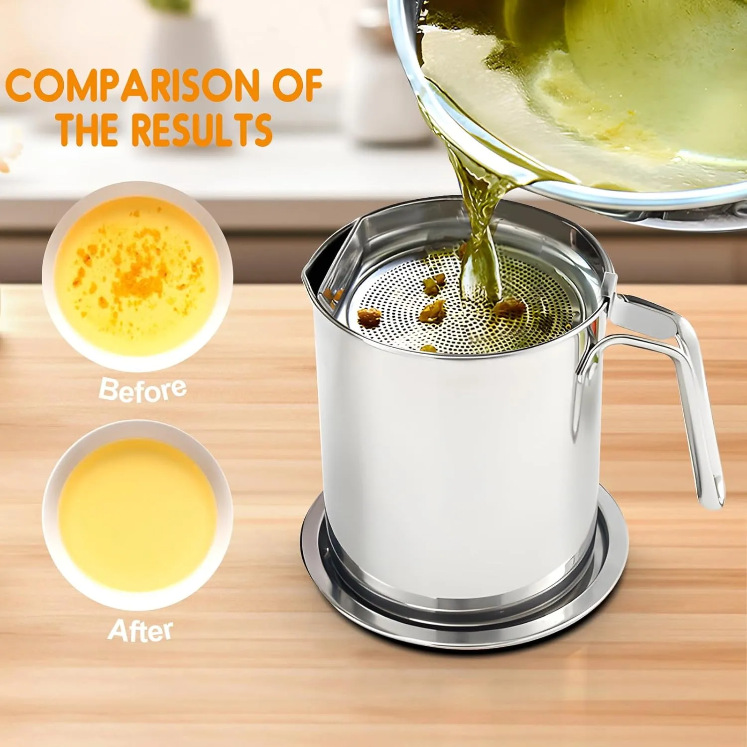 Chihee Grease Container Deep Fryer 2 in 1 Stainless Steel Bacon Grease Saver with Fine Mesh Strainer Fry Basket 2L / 67.6 fl oz Oil Container Grease Can with Lid Tray for Kitchen Storing Frying