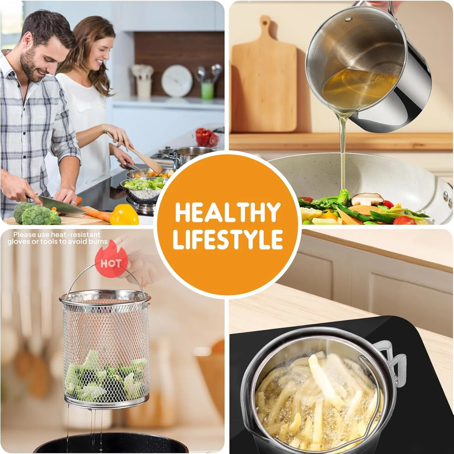 Chihee Grease Container Deep Fryer 2 in 1 Stainless Steel Bacon Grease Saver with Fine Mesh Strainer Fry Basket 2L / 67.6 fl oz Oil Container Grease Can with Lid Tray for Kitchen Storing Frying
