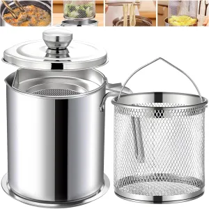 Chihee Grease Container Deep Fryer 2 in 1 Stainless Steel Bacon Grease Saver with Fine Mesh Strainer Fry Basket 2L / 67.6 fl oz Oil Container Grease Can with Lid Tray for Kitchen Storing Frying