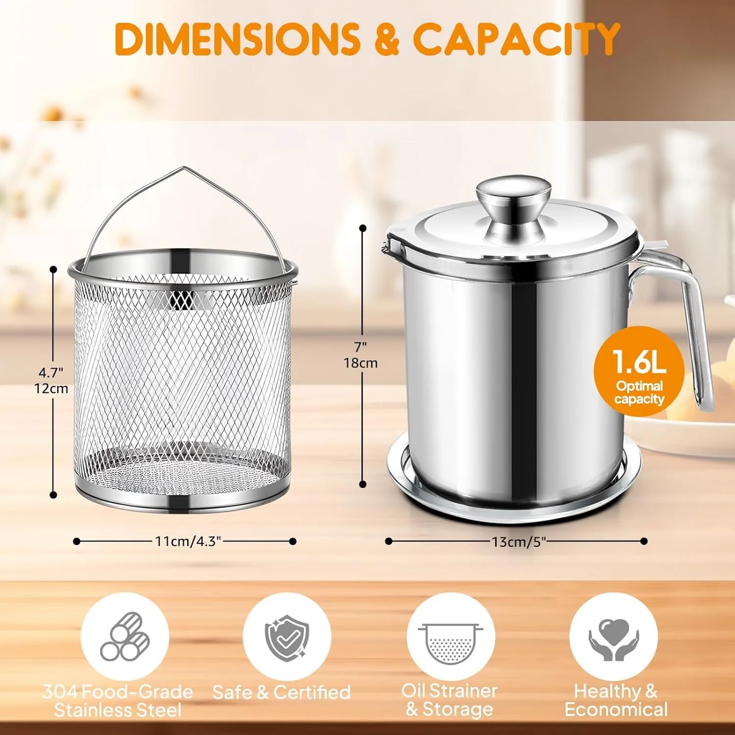Chihee Grease Container Deep Fryer 2 in 1 Stainless Steel Bacon Grease Saver with Fine Mesh Strainer Fry Basket 2L / 67.6 fl oz Oil Container Grease Can with Lid Tray for Kitchen Storing Frying