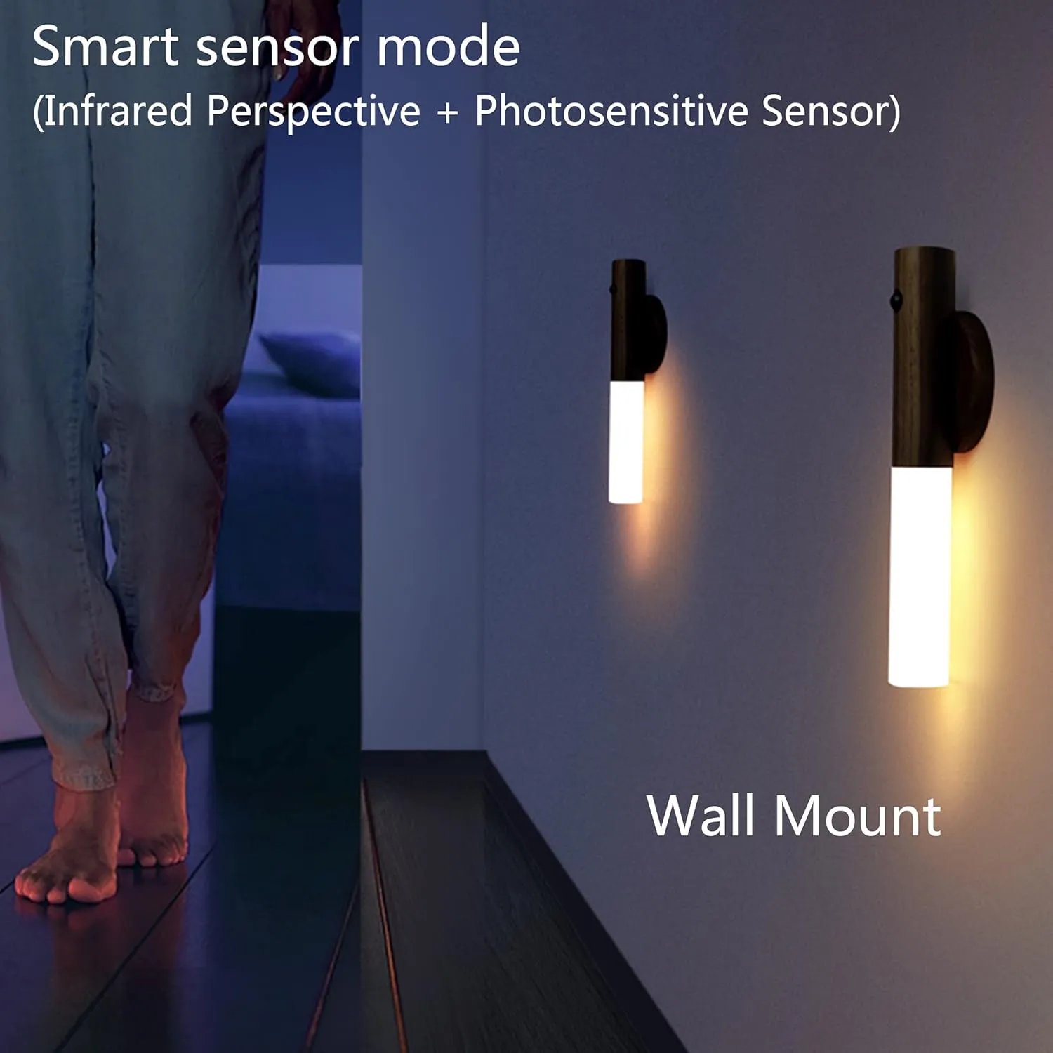 Chilvane Motion Sensor Light Indoor Night Light Wall Sconce Wooden Rechargeable Portable Magnetic Battery Operated LED Night Light for Kids Bathroom Toliet Light Closet Bedroom,White Ash Wood Pack 2